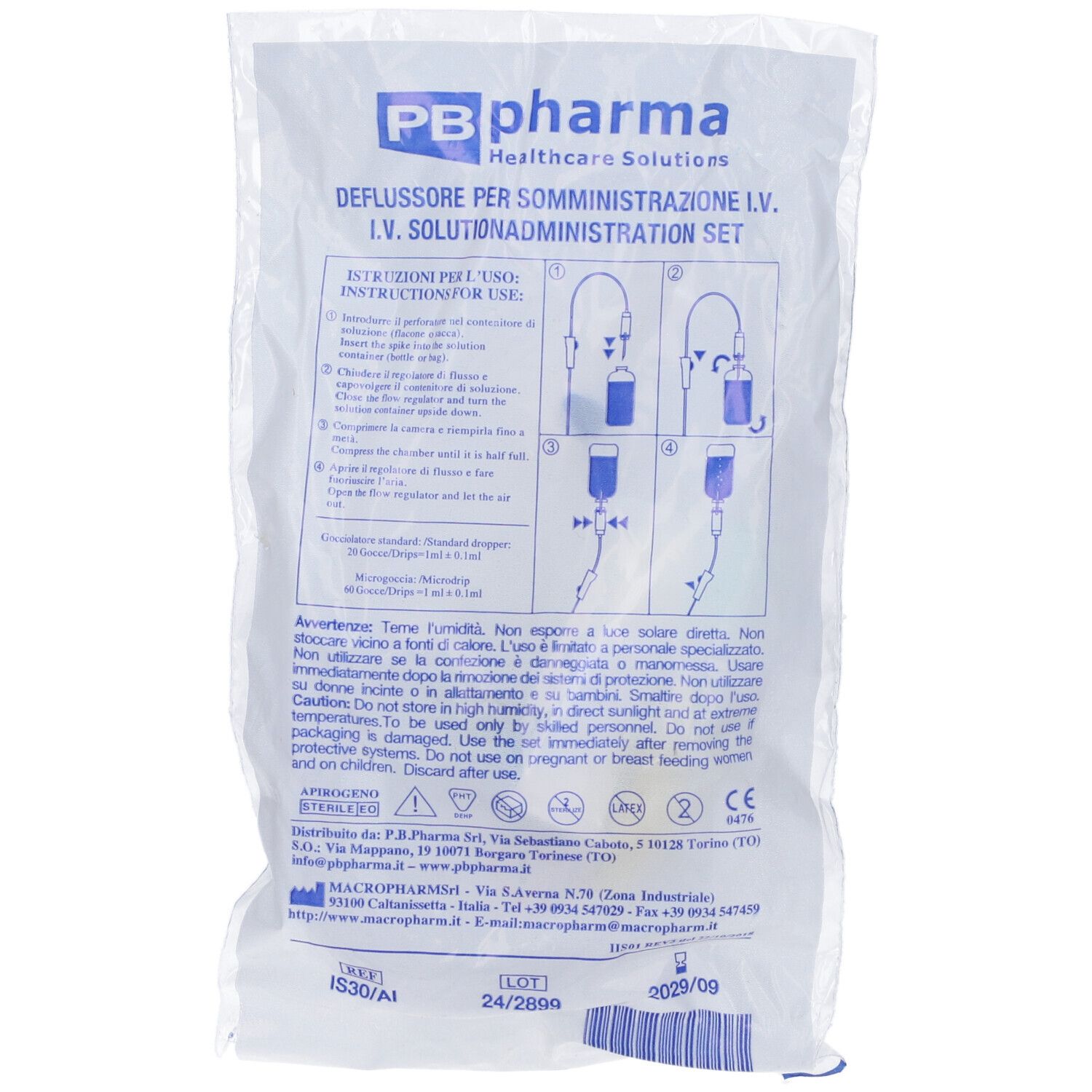 Confezione di deflussore per somministrazione I.V. con istruzioni e diagrammi. Marchio PB pharma. Certificazioni visibili.