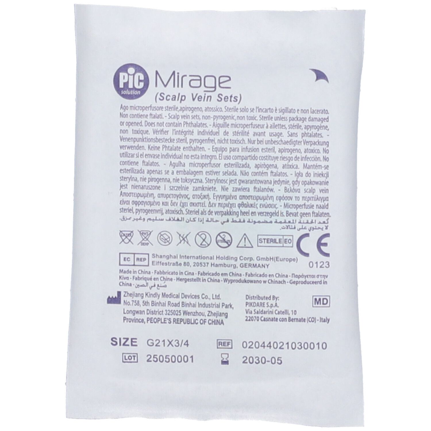 Confezione di forniture mediche. Testo: PIC Mirage. Dimensione G21 3/4. Sterilizzato. Marchio CE.