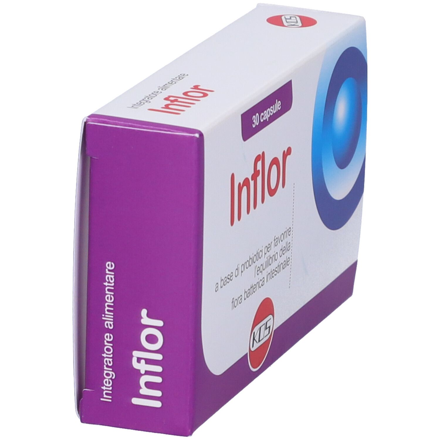 Scatola "Inflor" con testo e logo blu. Contiene 30 capsule. Testo: "a base di probiotici per favorire l'equilibrio della flora batterica intestinale".