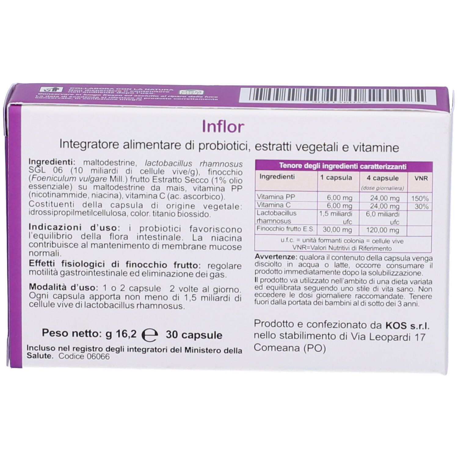 Retro della confezione "Inflor". Contiene informazioni sugli ingredienti, il dosaggio e il produttore.