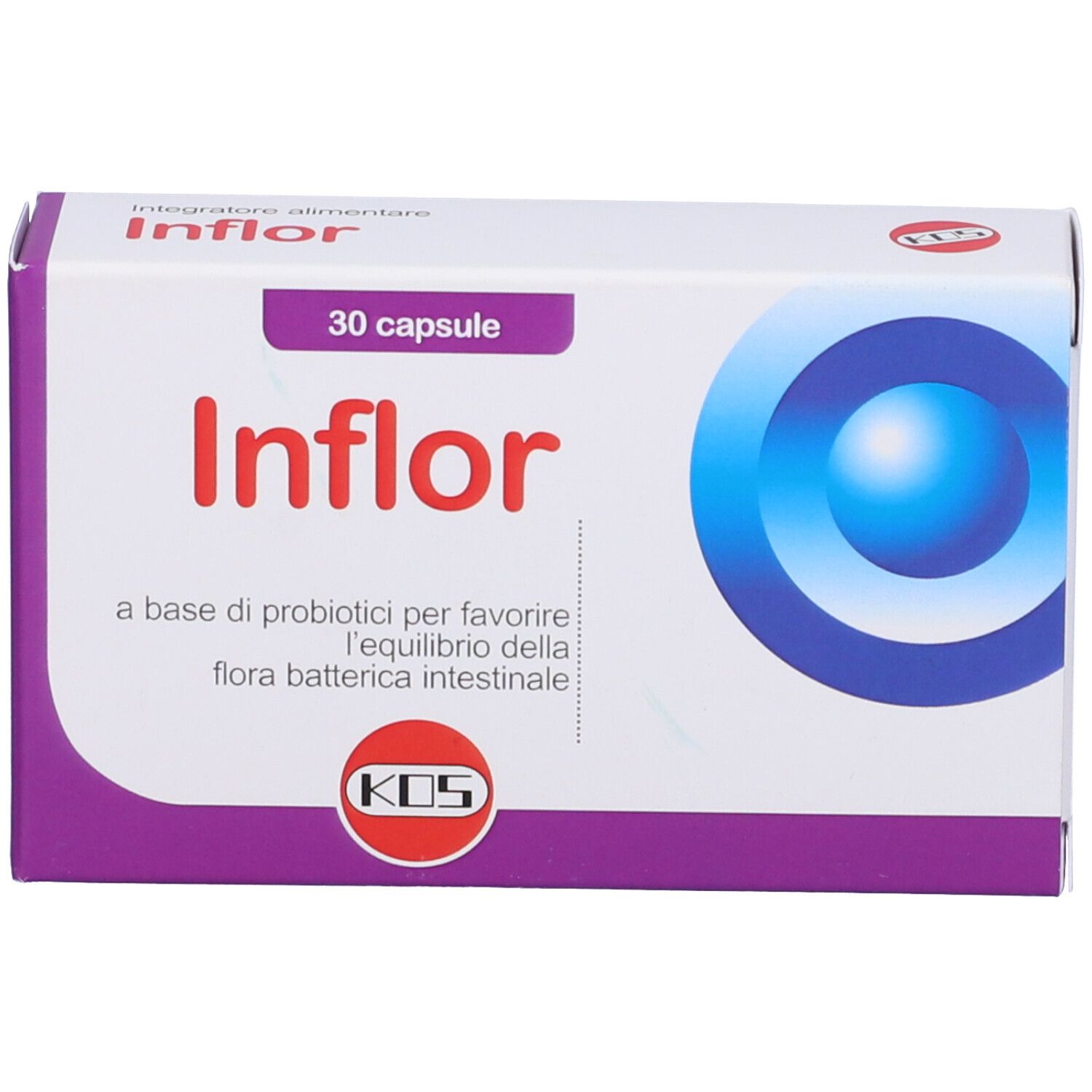 Scatola "Inflor" con testo e logo blu. Contiene 30 capsule. Testo: "a base di probiotici per favorire l'equilibrio della flora batterica intestinale".
