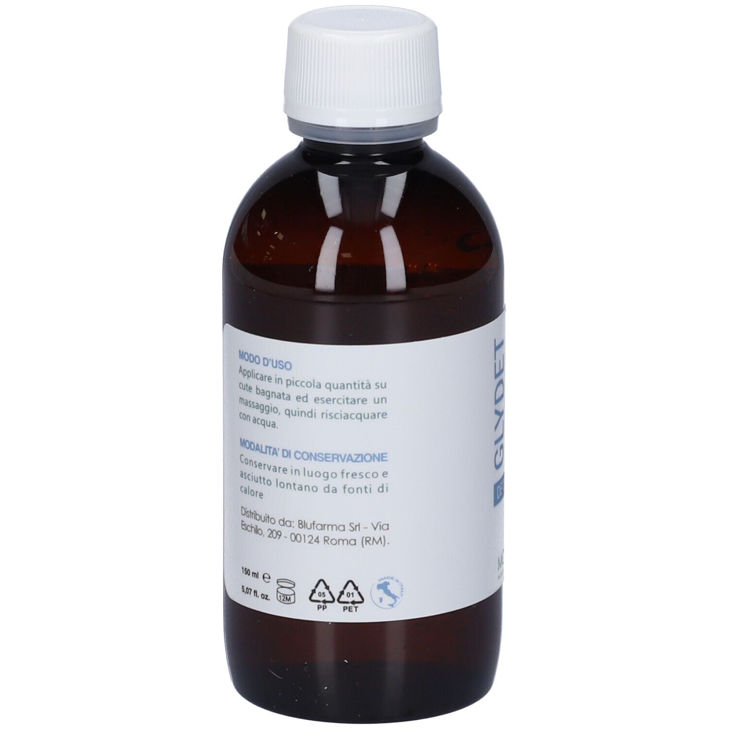 Vista posteriore del flacone marrone con tappo bianco. L'etichetta indica le istruzioni per l'uso e gli ingredienti.