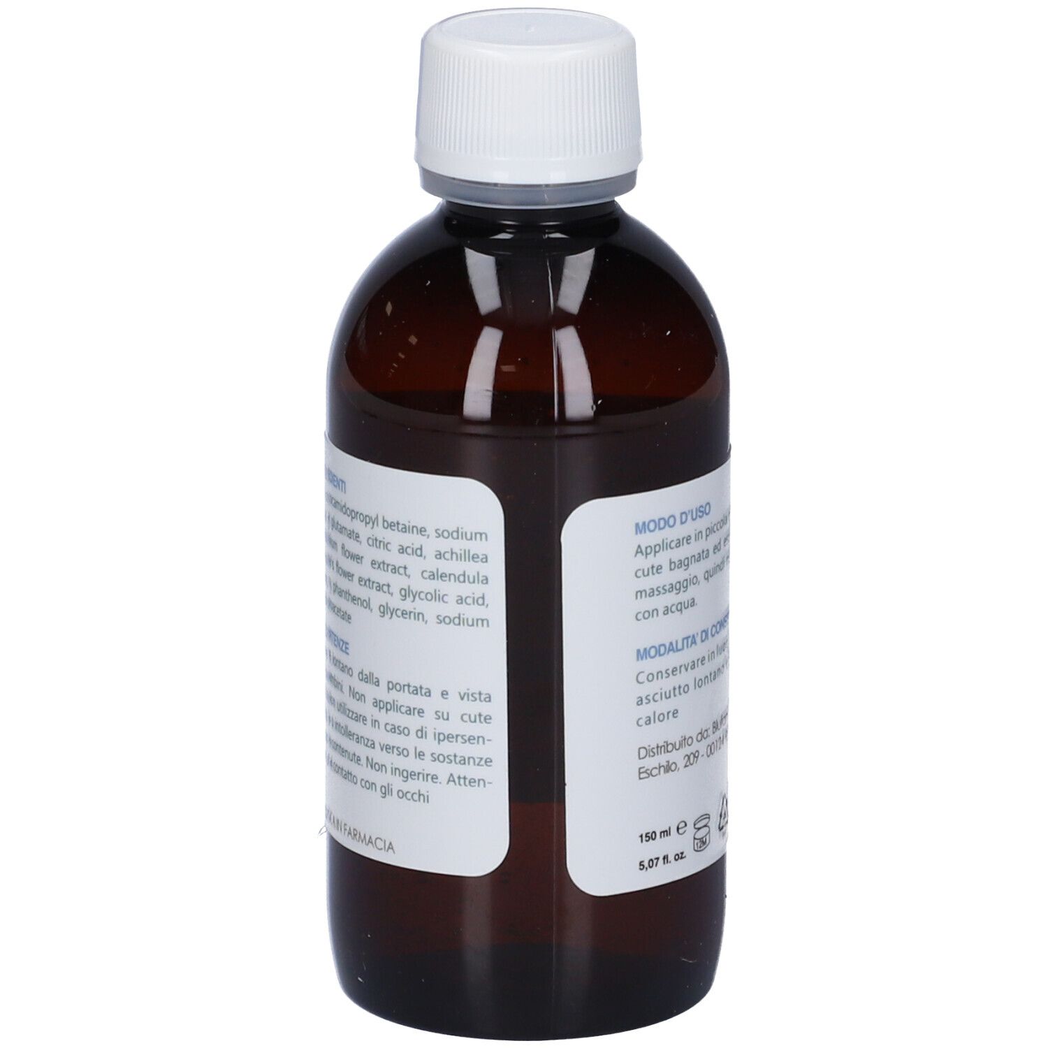 Vista posteriore del flacone marrone con tappo bianco. L'etichetta indica gli ingredienti e le istruzioni per l'uso.