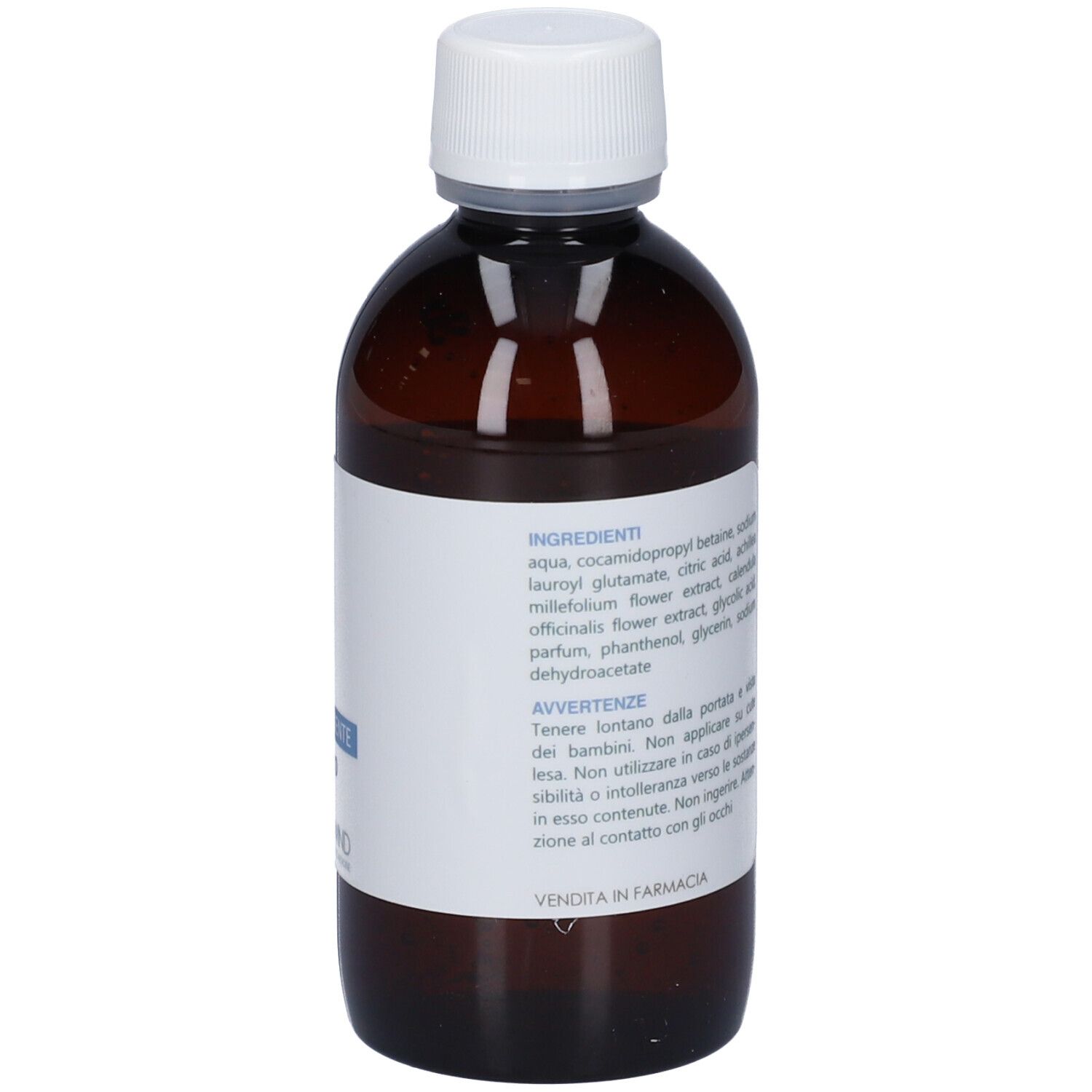 Vista posteriore del flacone marrone con tappo bianco. L'etichetta indica gli ingredienti e le avvertenze.