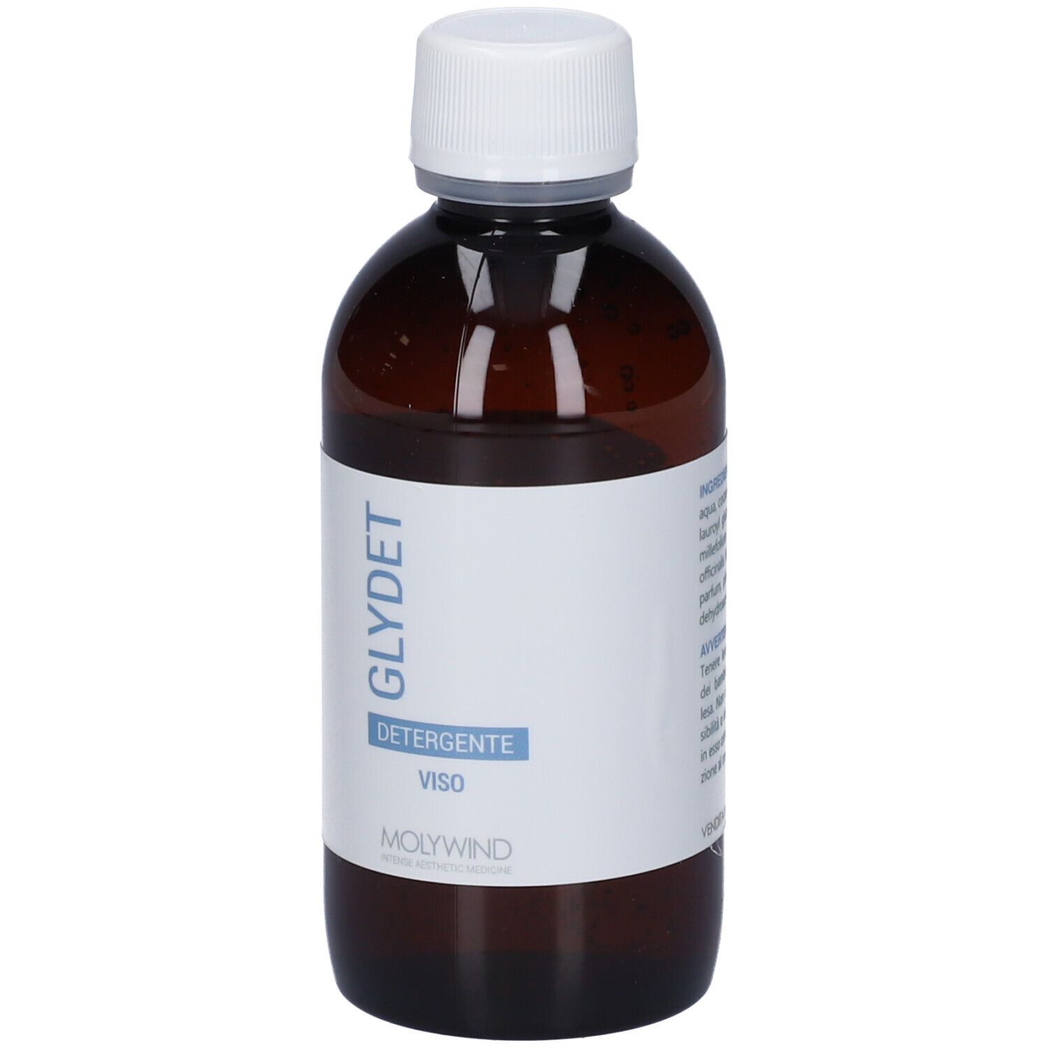 Flacone marrone con tappo bianco ed etichetta. L'etichetta indica GLYDET, DETERGENTE, VISO e MOLYWIND.