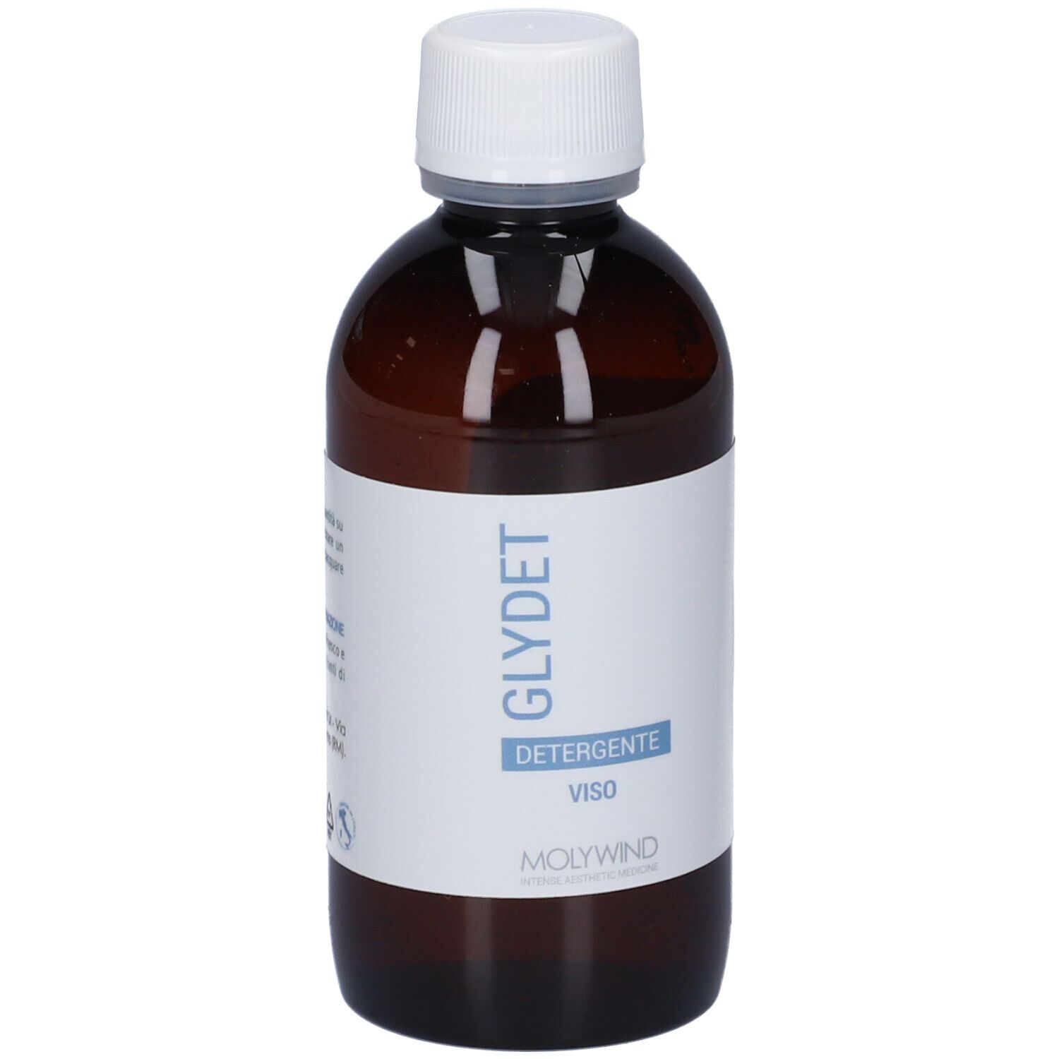 Flacone marrone con tappo bianco ed etichetta. L'etichetta indica GLYDET, DETERGENTE, VISO e MOLYWIND.
