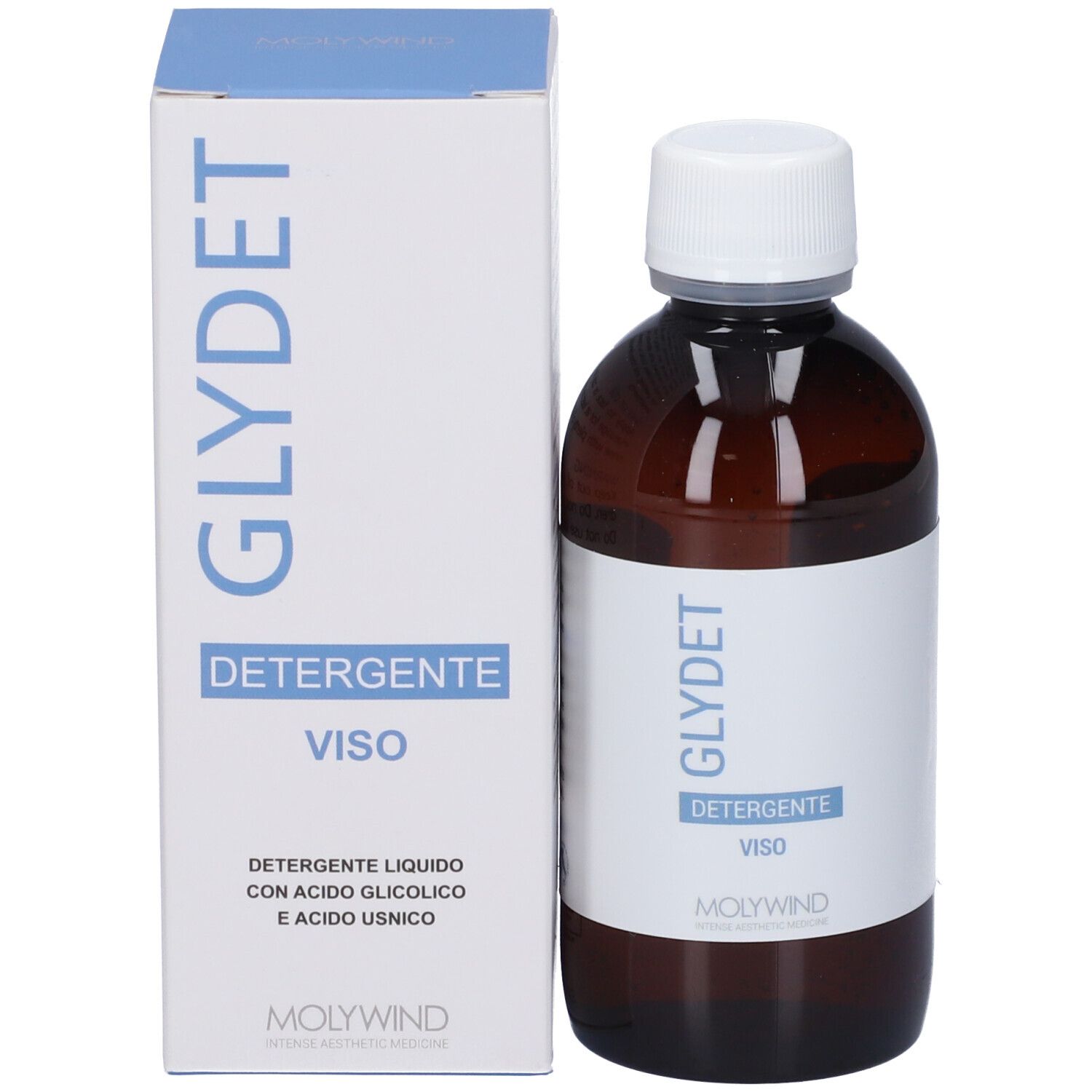 Prodotto con confezione. Flacone marrone con tappo bianco e scatola. GLYDET, DETERGENTE, VISO su entrambi.