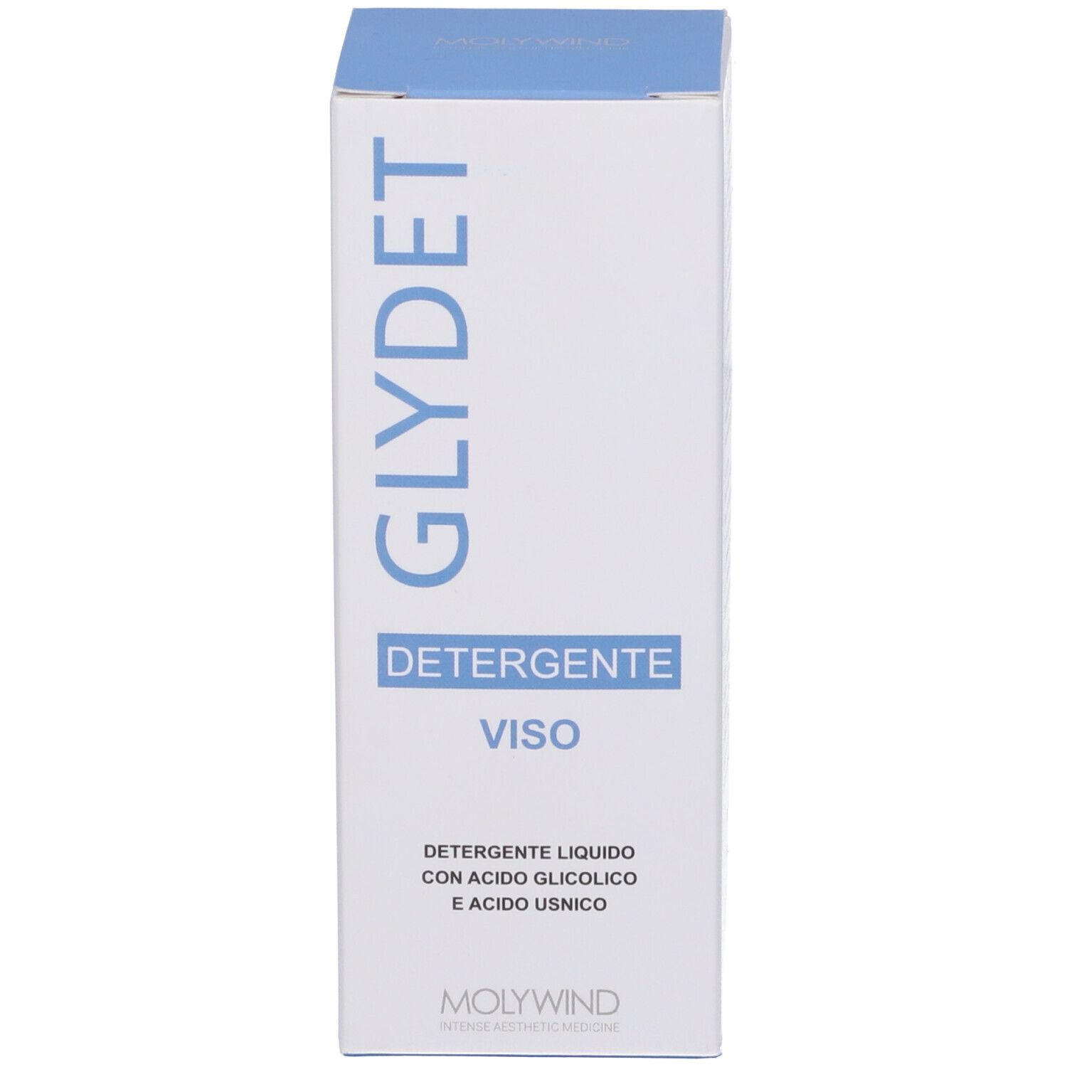 Confezione bianca con striscia blu. Sulla confezione c'è scritto GLYDET, DETERGENTE, VISO e MOLYWIND.