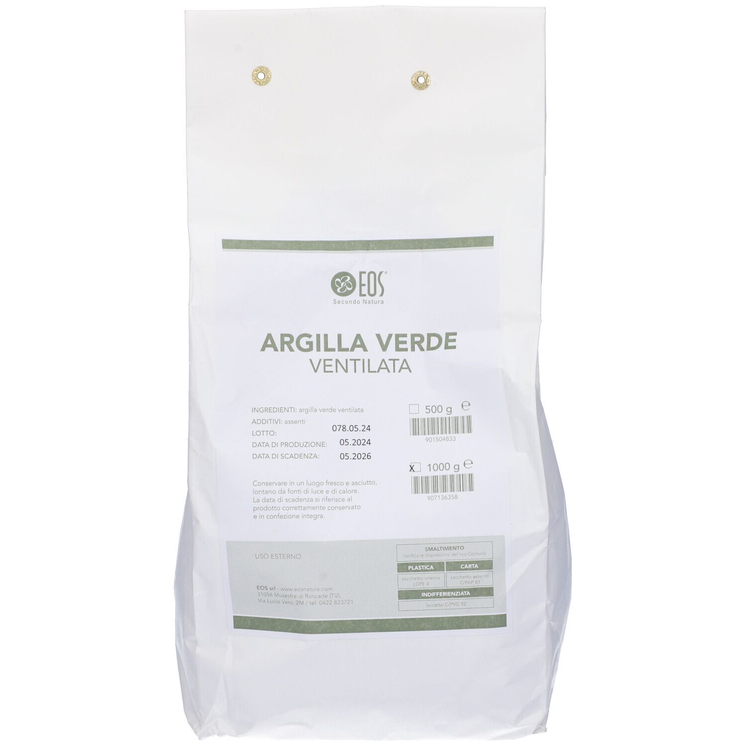 Sacco bianco con stampa verde. Testo: Argilla Verde Ventilata, Eos. Codice a barre e indicazione del peso.