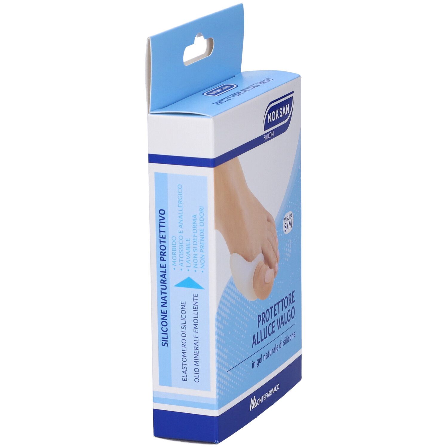 Vista laterale della confezione con protezione per alluce valgo in silicone. Nome e caratteristiche del prodotto stampati. Misura S/M.