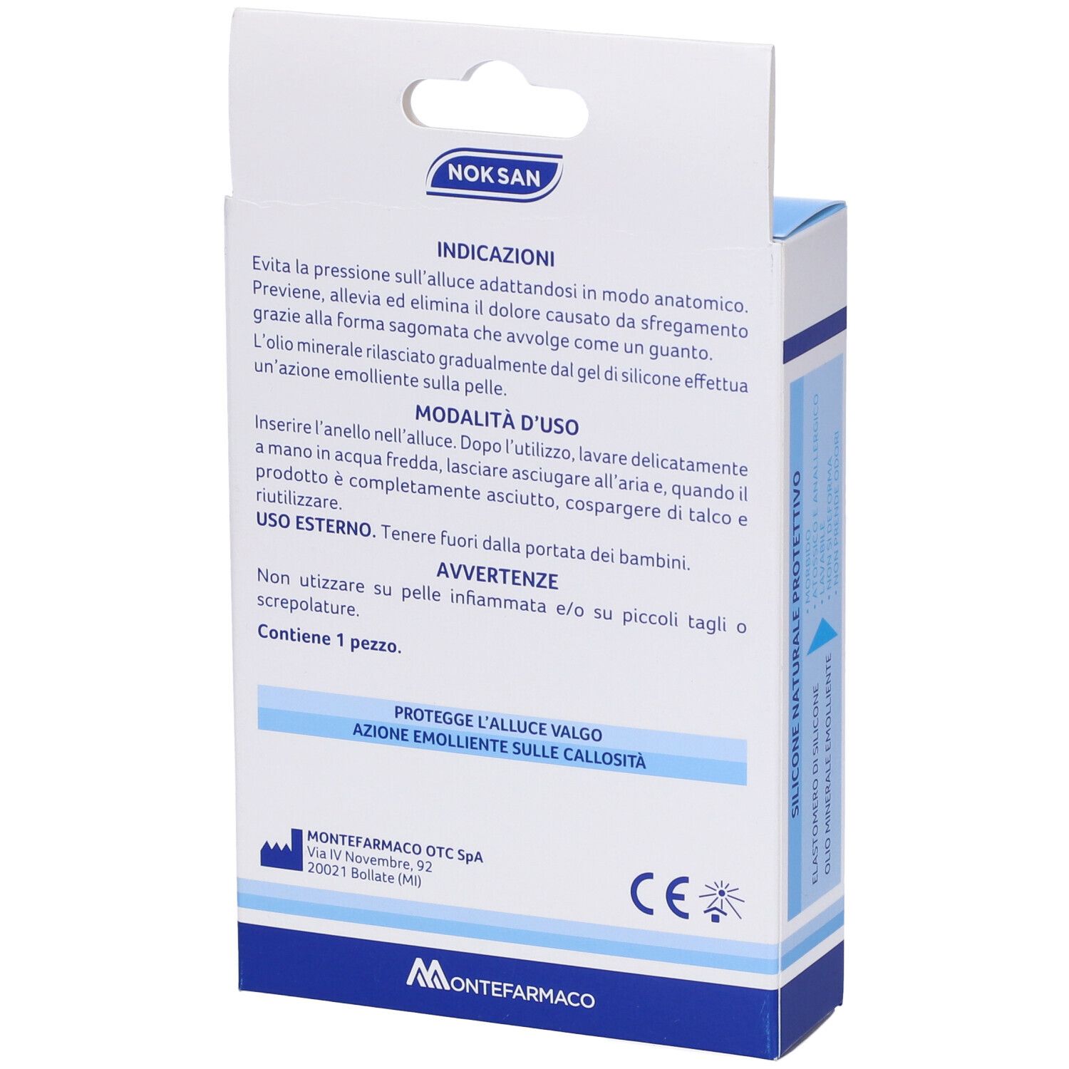 Retro della confezione con informazioni sulla protezione per alluce valgo in silicone. Istruzioni per l'uso e avvertenze stampate.
