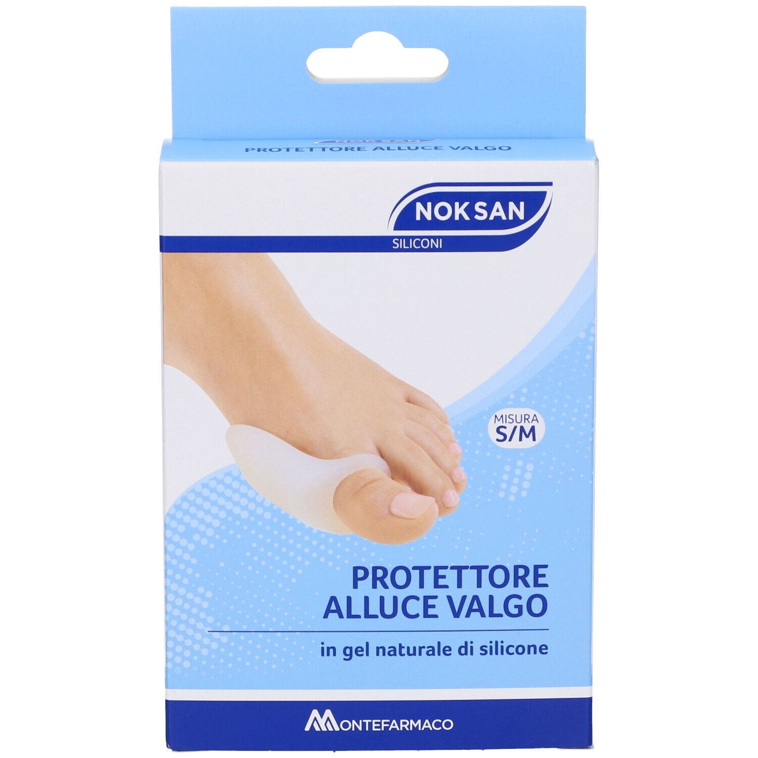Confezione con protezione per alluce valgo in silicone. Immagine di un piede con il prodotto. Misura S/M.