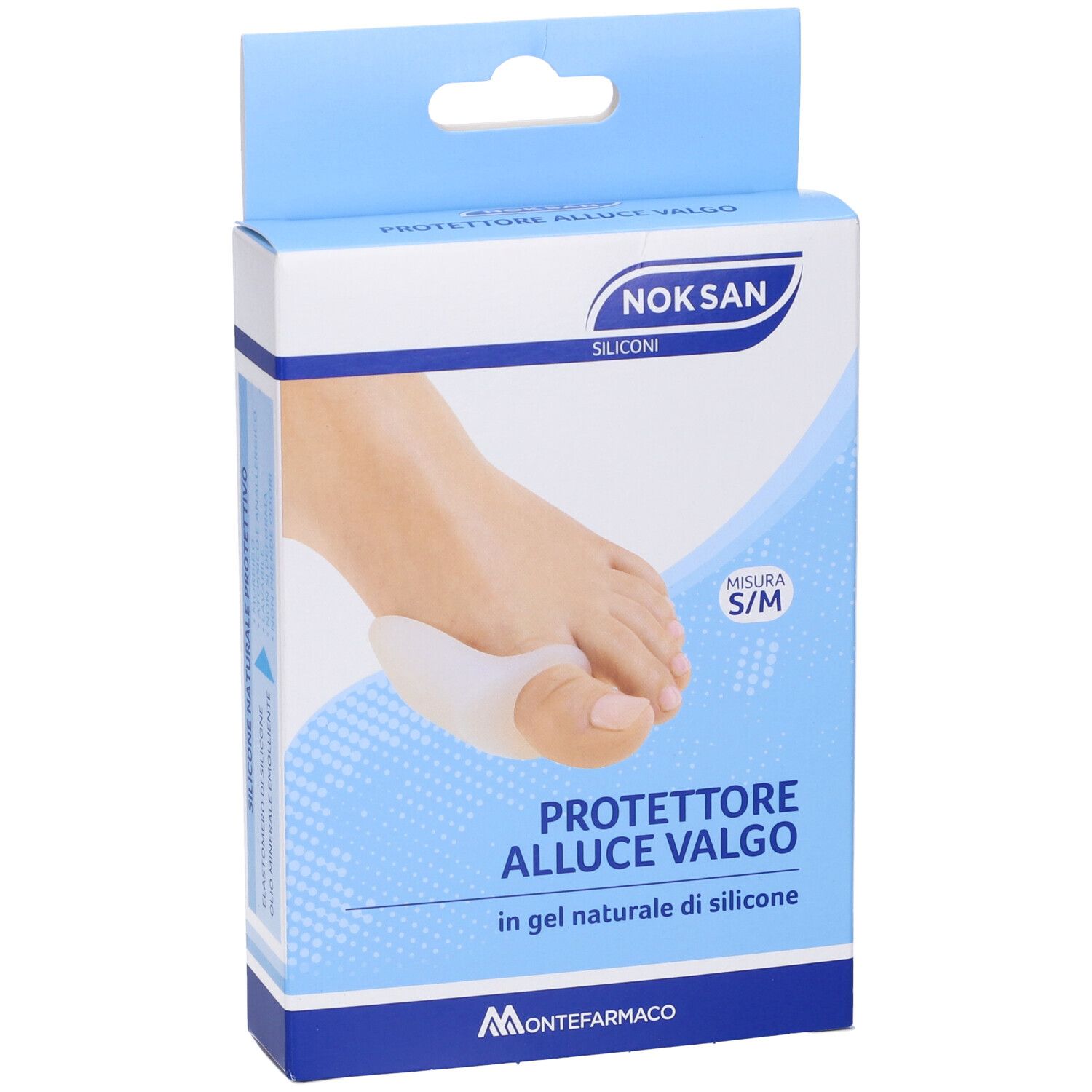 Confezione con protezione per alluce valgo in silicone. Immagine di un piede con il prodotto. Misura S/M.