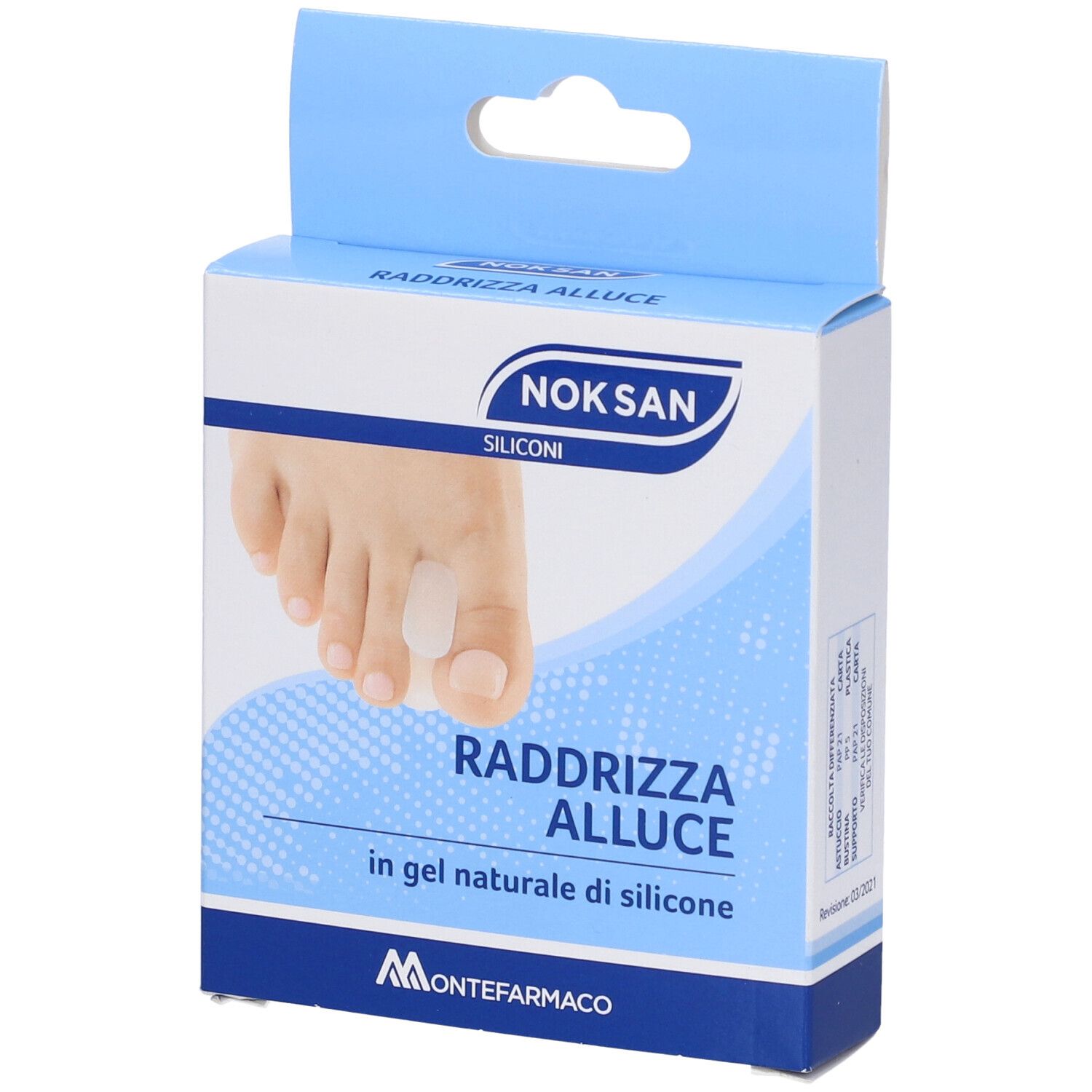 Scatola con separatore per dita. Scritta: Nok San, Raddrizza Alluce, in gel naturale di silicone. Immagine di un piede con separatore.