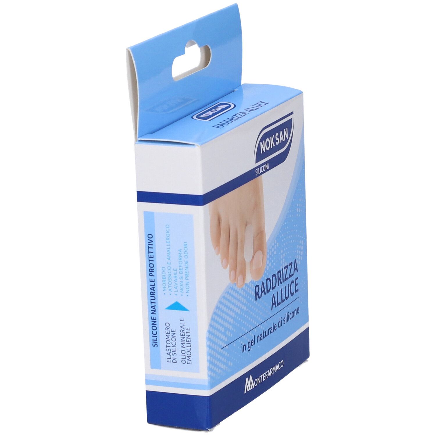Scatola con separatore per dita. Scritta: Nok San, Raddrizza Alluce, in gel naturale di silicone. Immagine di un piede con separatore.