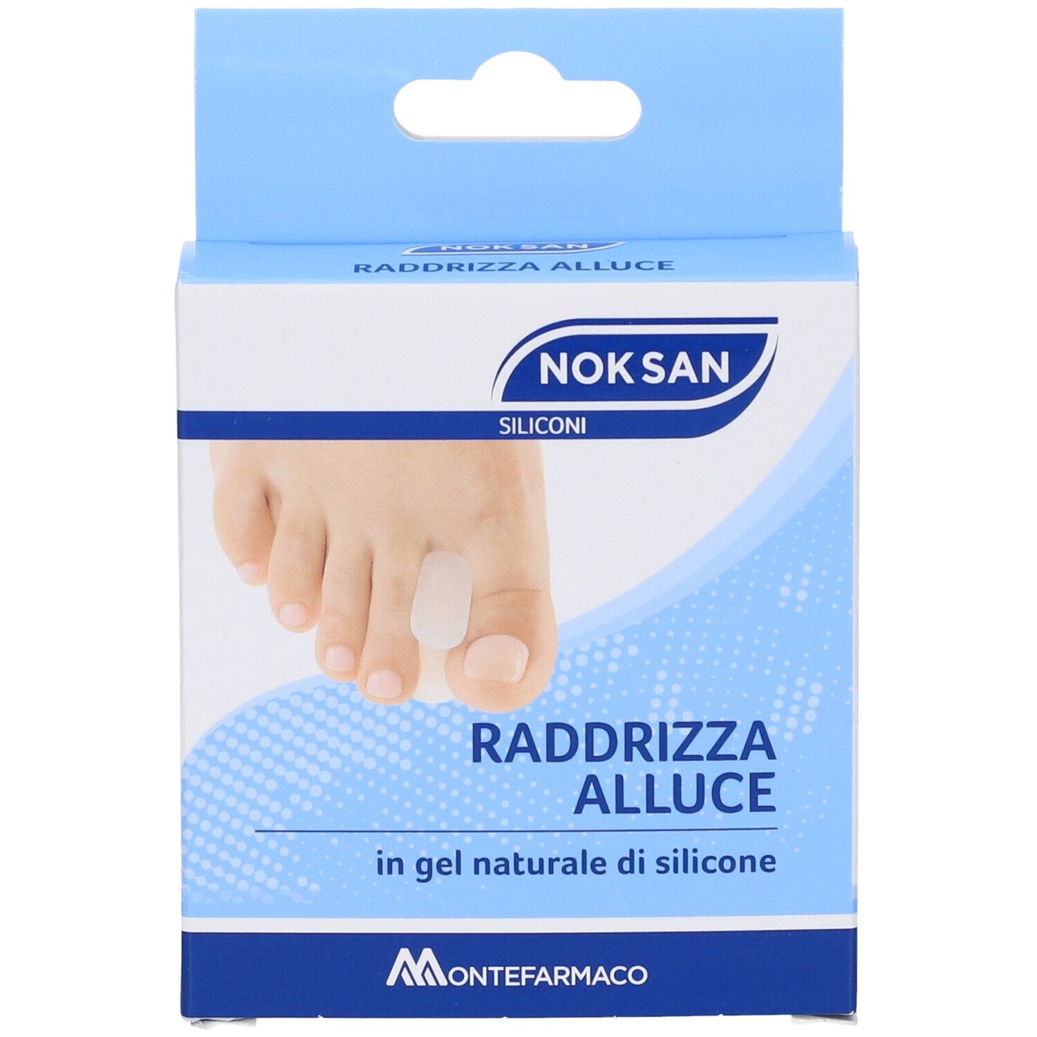 Scatola con separatore per dita. Scritta: Nok San, Raddrizza Alluce, in gel naturale di silicone. Immagine di un piede con separatore.