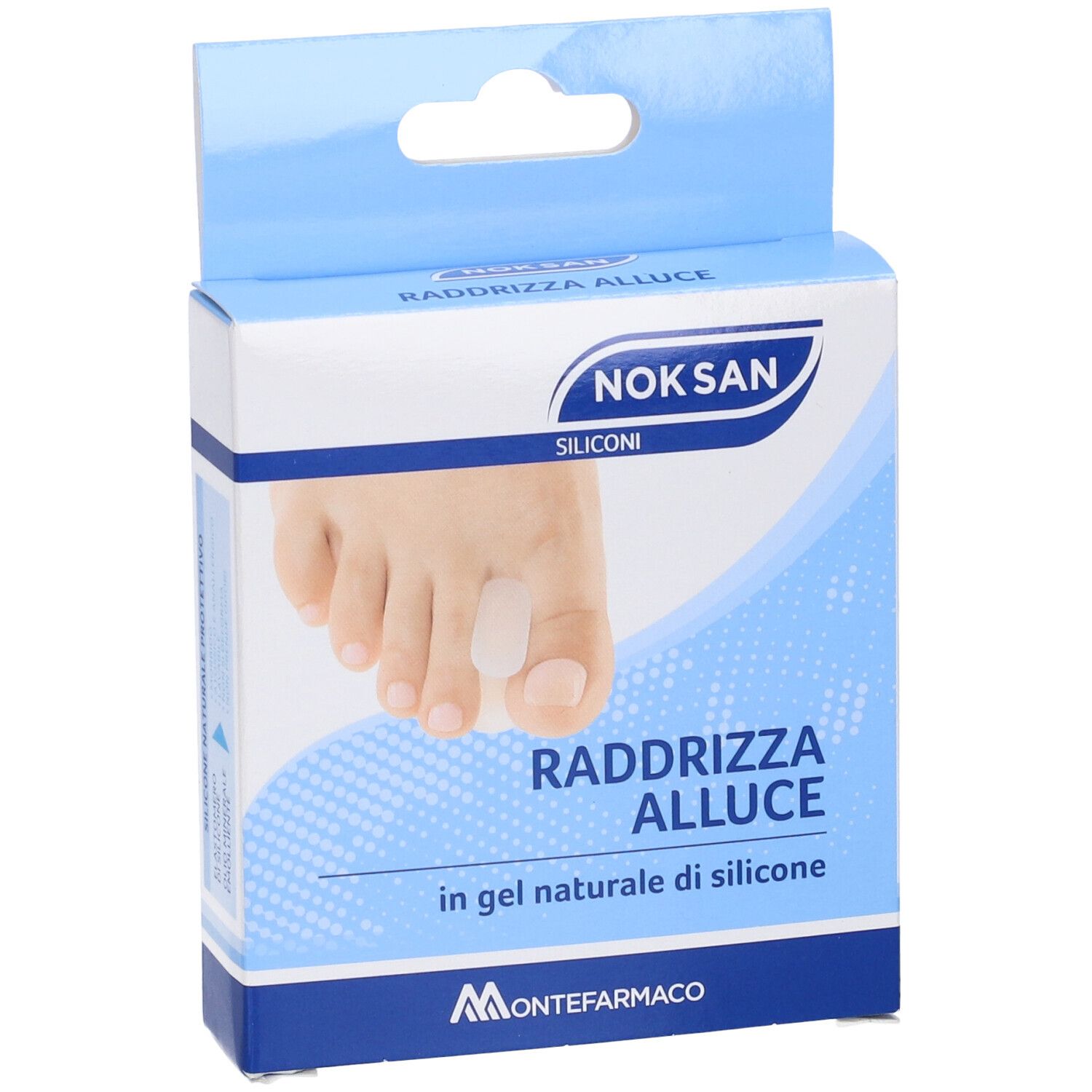 Scatola con separatore per dita. Scritta: Nok San, Raddrizza Alluce, in gel naturale di silicone. Immagine di un piede con separatore.