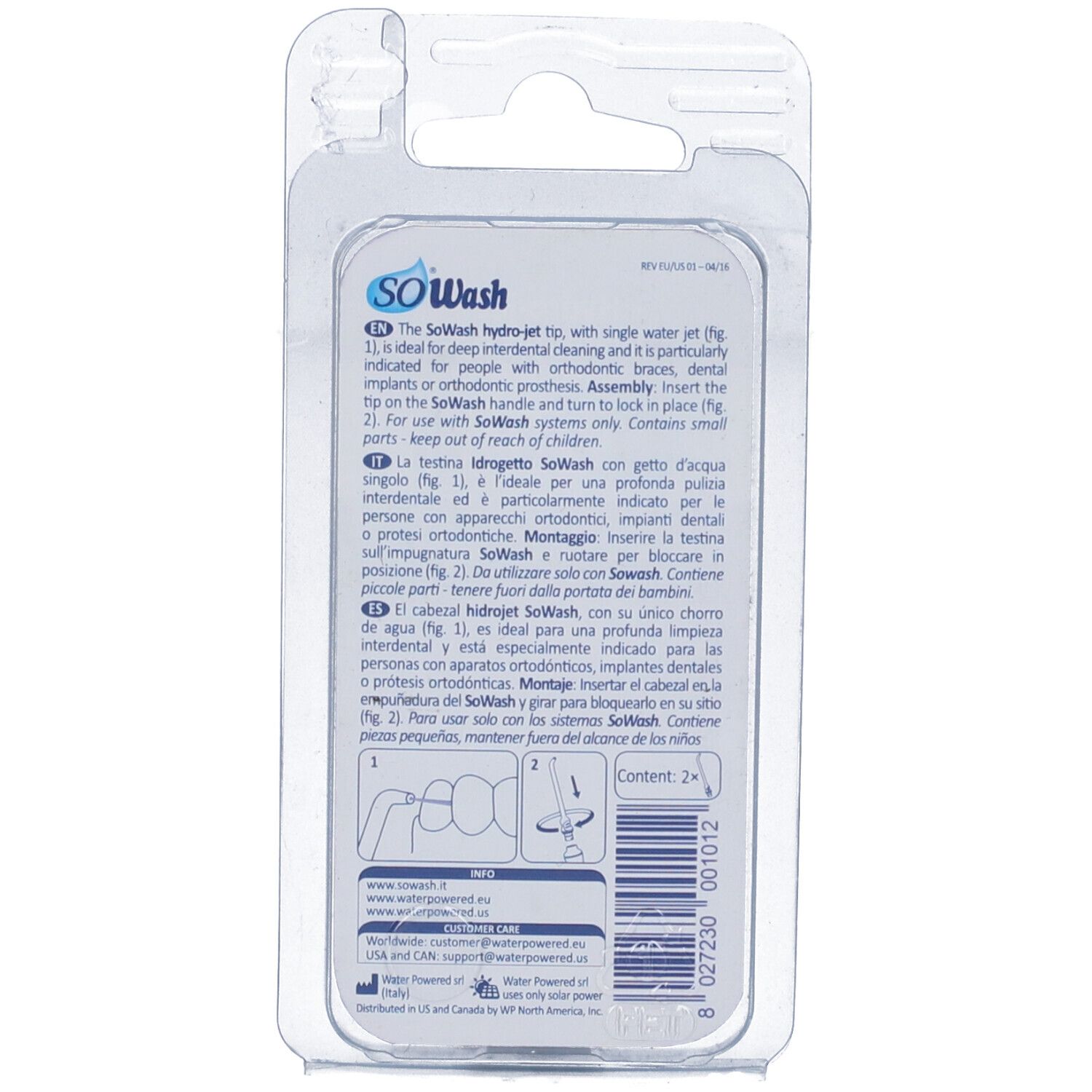 Retro del blister con informazioni sul prodotto e illustrazioni. Scritta: SoWash.