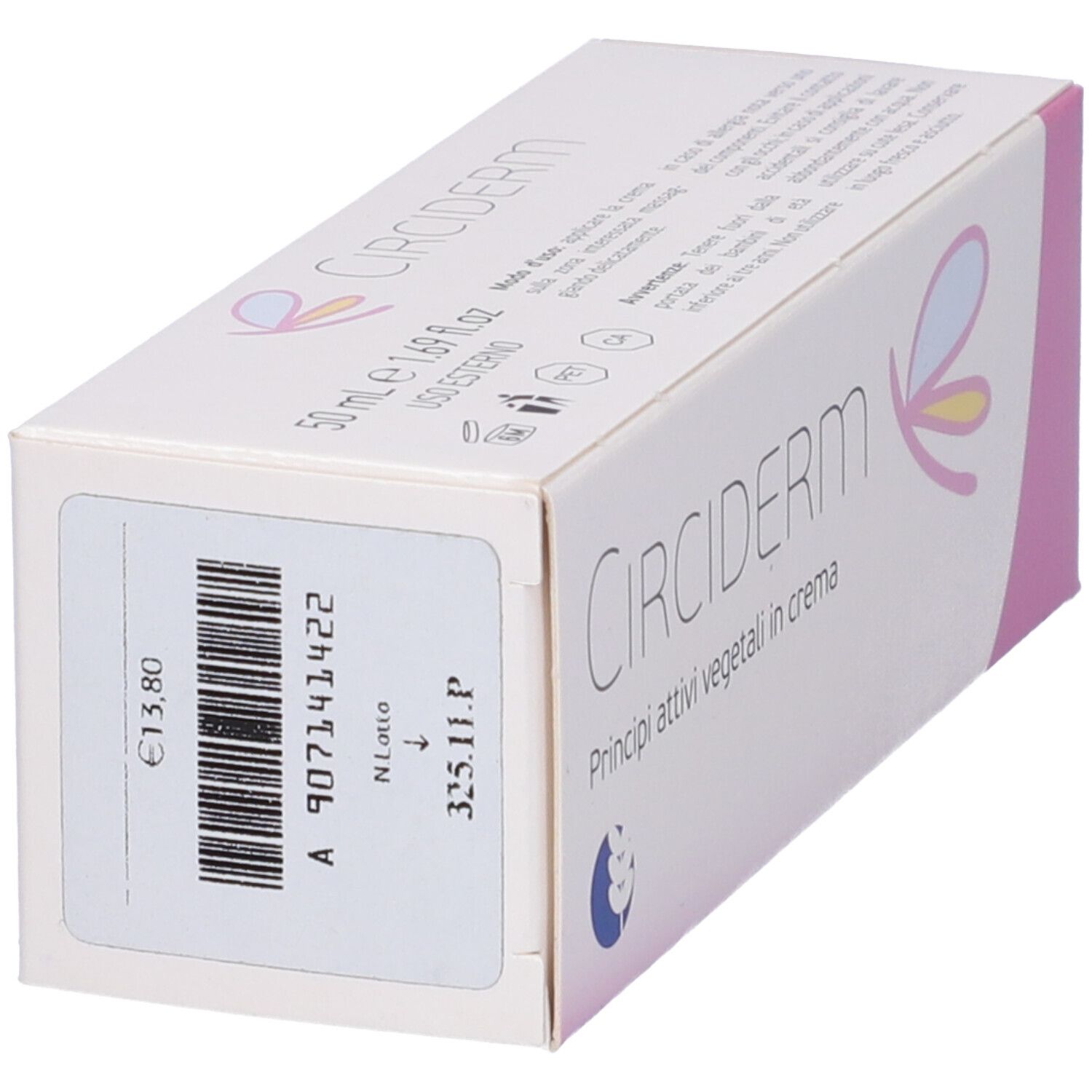 Confezione Circiderm. Scatola bianca con dettagli rosa. Scritta: Circiderm, Principi attivi vegetali in crema. Codice a barre e prezzo.