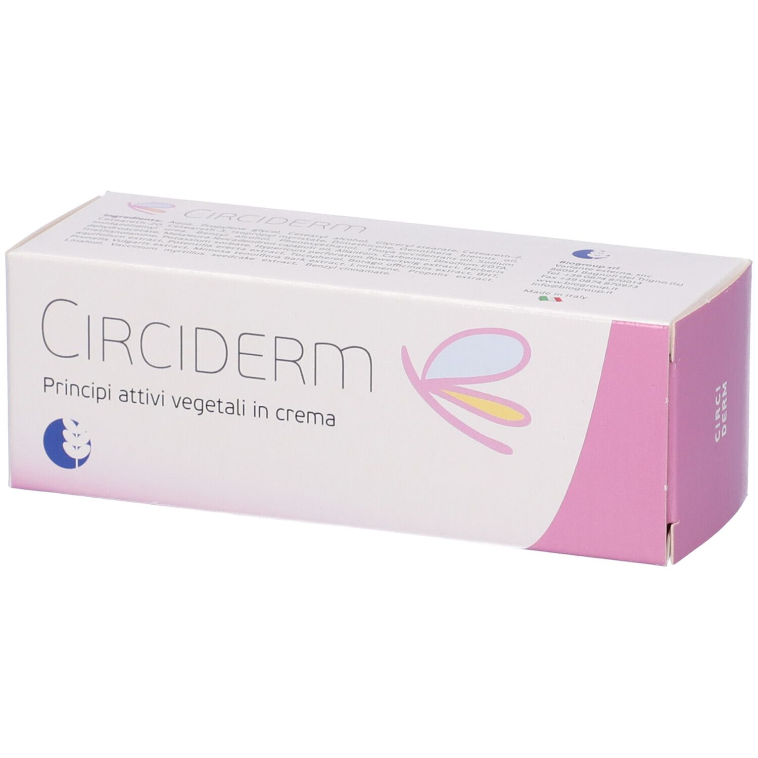 Confezione Circiderm. Scatola rettangolare bianca con dettagli rosa. Scritta: Circiderm, Principi attivi vegetali in crema. Logo.