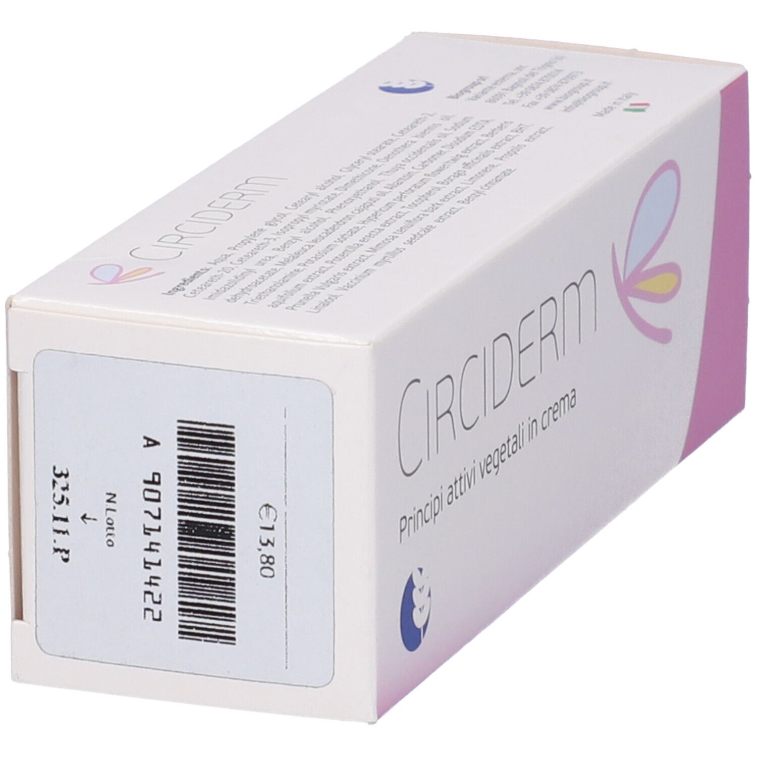 Confezione Circiderm. Scatola bianca con dettagli rosa. Scritta: Circiderm, Principi attivi vegetali in crema. Codice a barre e prezzo.