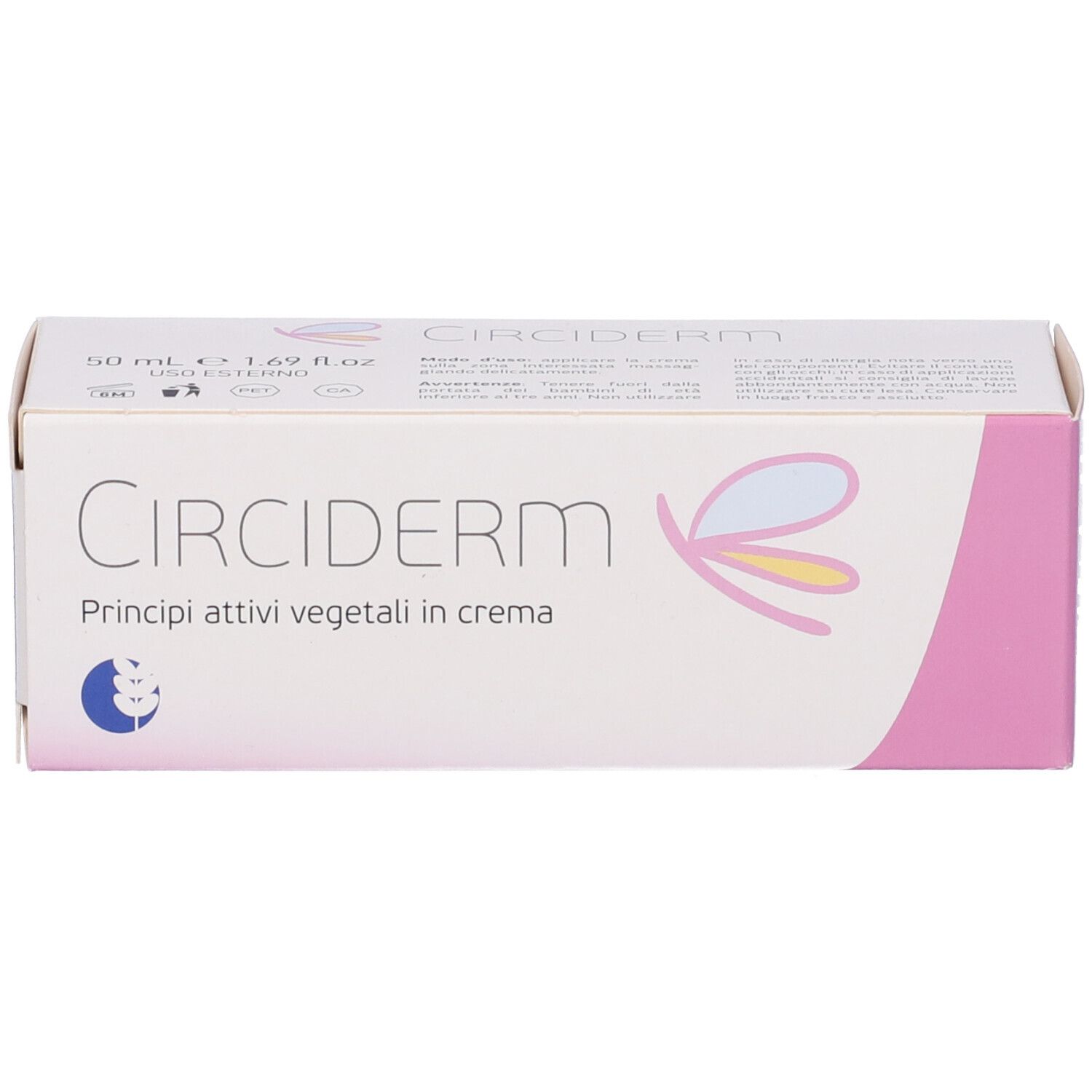 Confezione Circiderm. Scatola rettangolare bianca con dettagli rosa. Scritta: Circiderm, Principi attivi vegetali in crema. Logo.