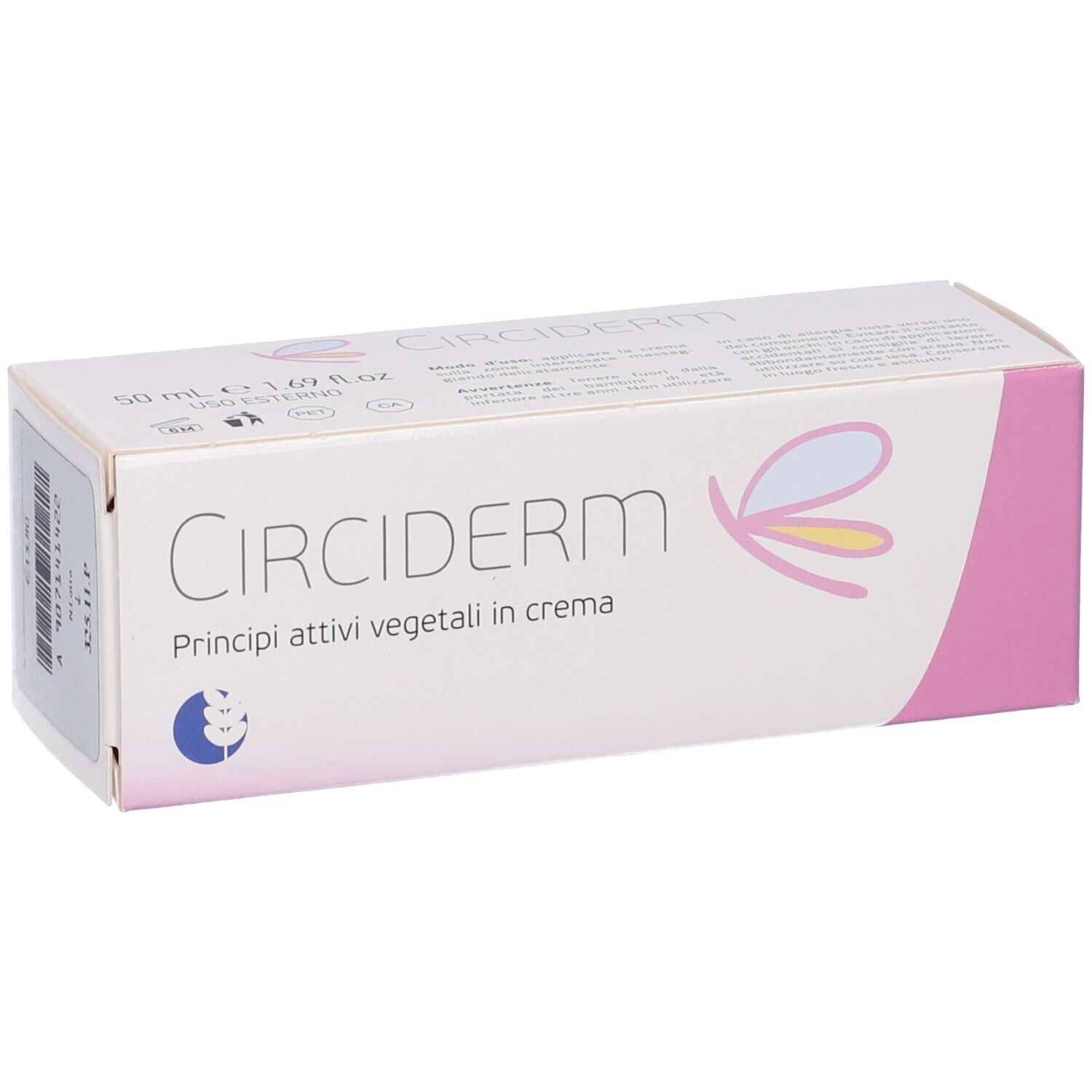 Confezione Circiderm. Scatola rettangolare bianca con dettagli rosa. Scritta: Circiderm, Principi attivi vegetali in crema. Logo.