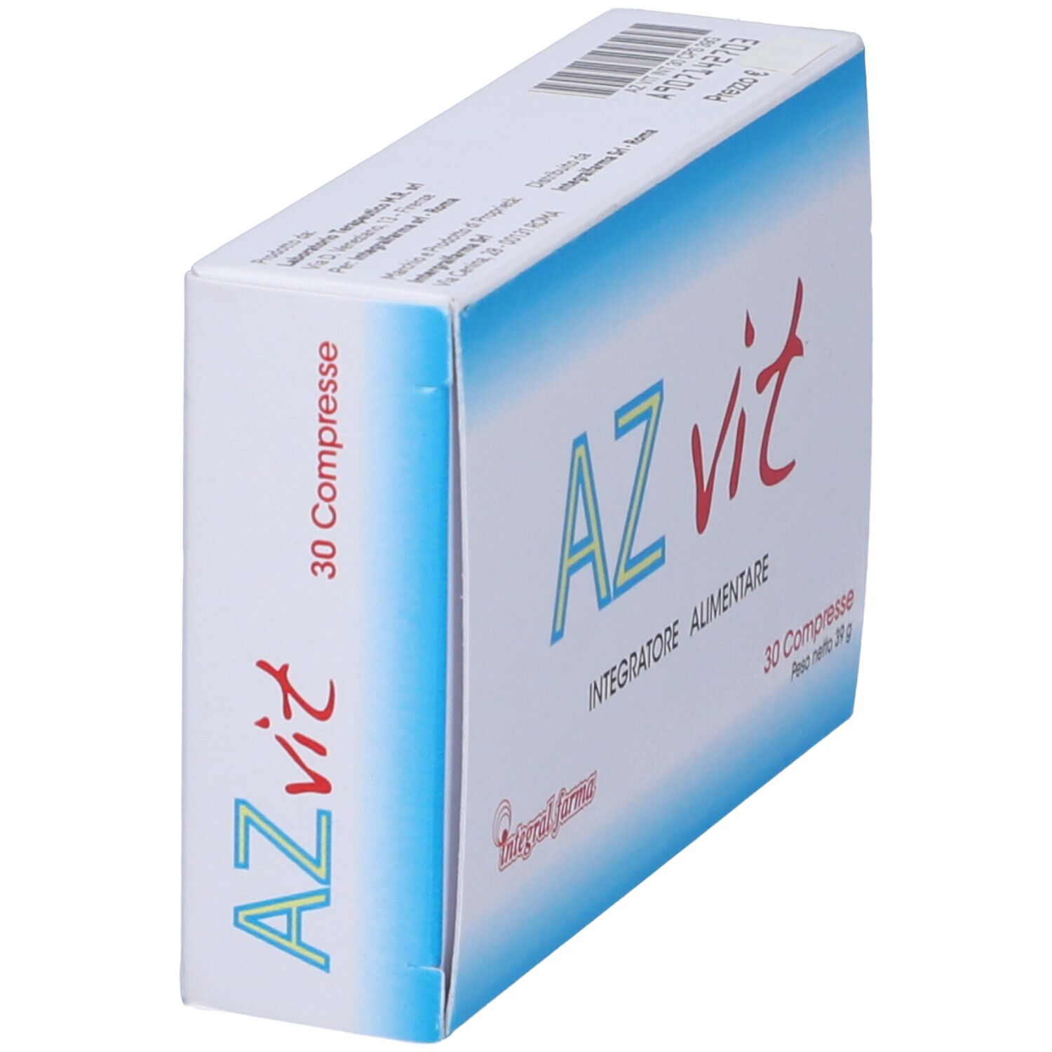 Scatola "AZ vit" in prospettiva. Scritto "30 Compresse". Marchio: Integral farma. Codice a barre e altri testi visibili.