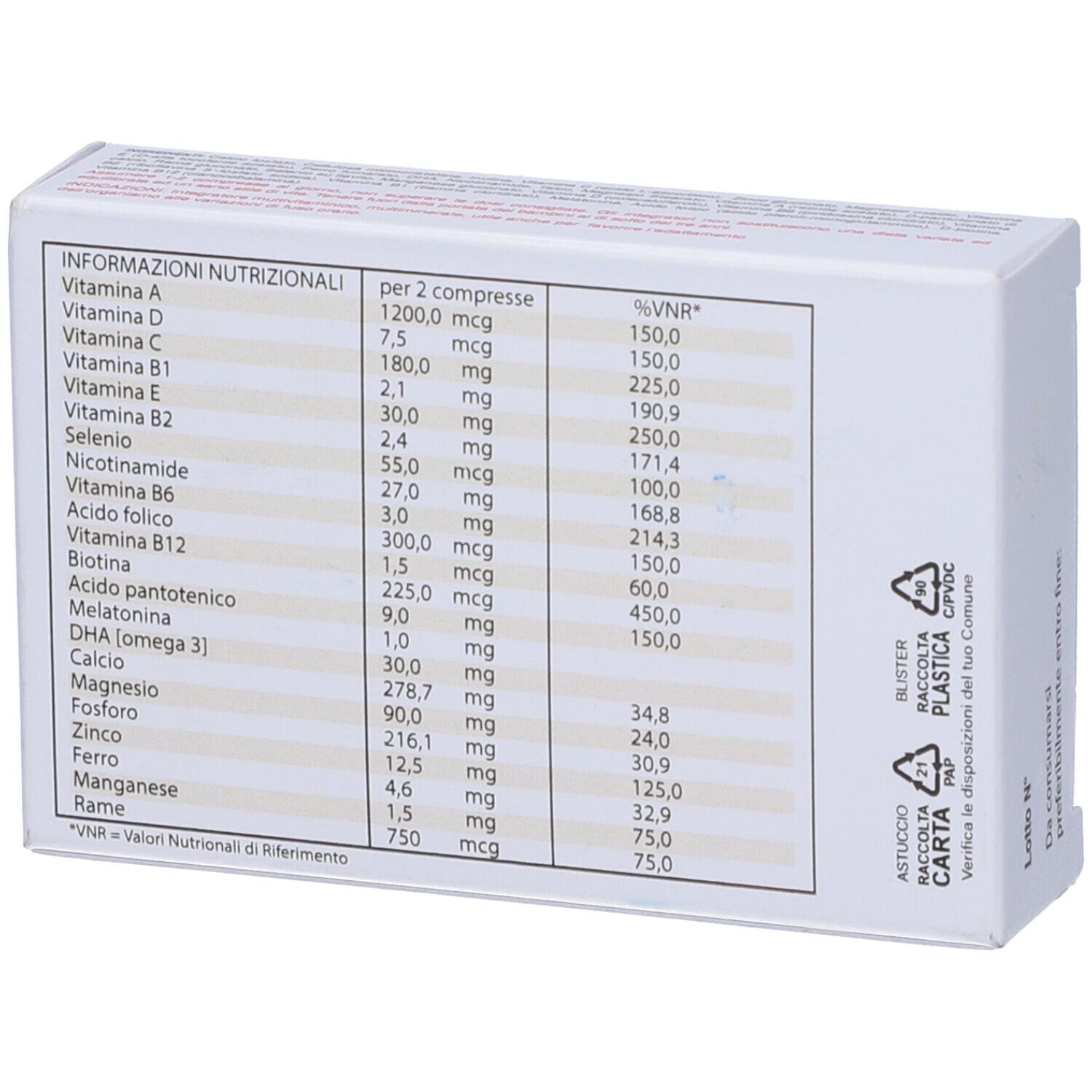 Retro della scatola "AZ vit". Informazioni nutrizionali in tabella. Simboli di riciclo dell'imballaggio.