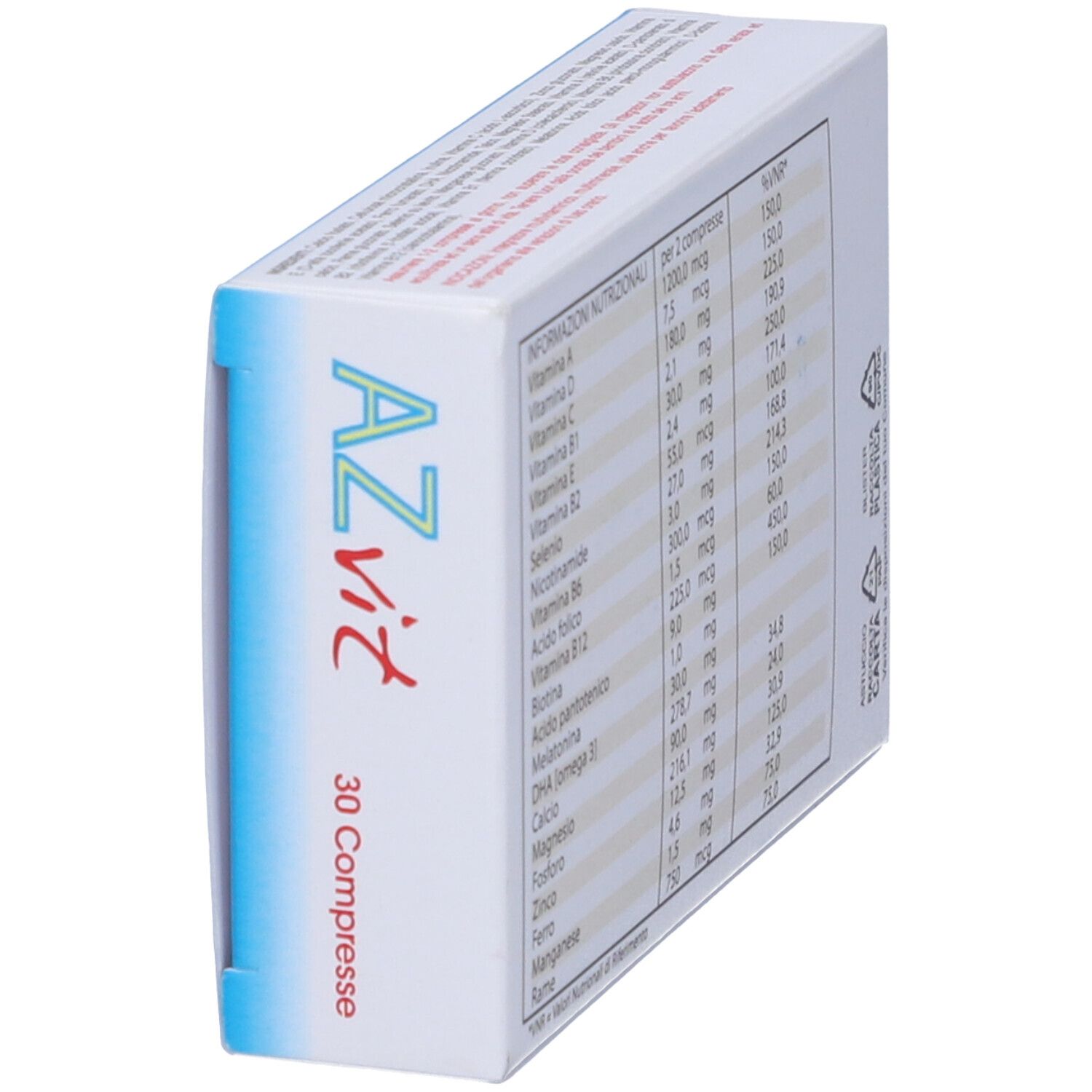 Scatola "AZ vit" in prospettiva. Scritto "30 Compresse". Informazioni nutrizionali sul lato.
