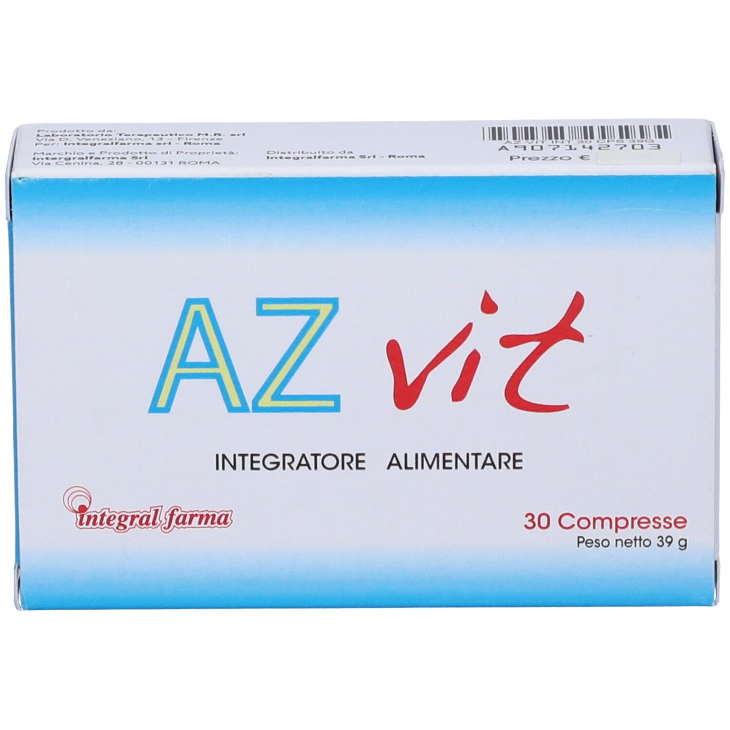 Scatola "AZ vit". Scritto "Integratore Alimentare" e "30 Compresse". Marchio: Integral farma. Peso netto 39 g.
