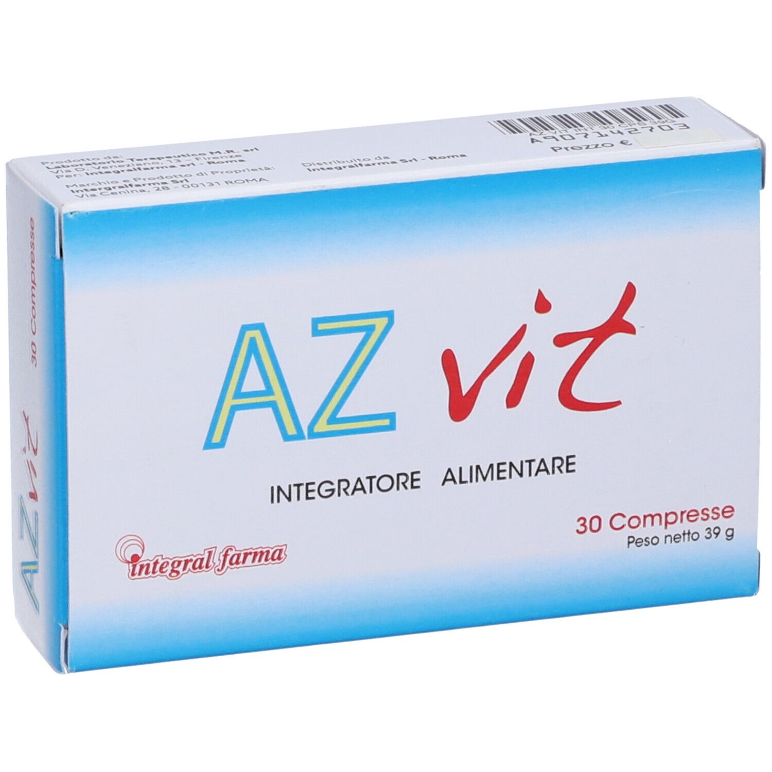 Scatola "AZ vit". Scritto "Integratore Alimentare" e "30 Compresse". Marchio: Integral farma. Peso netto 39 g.
