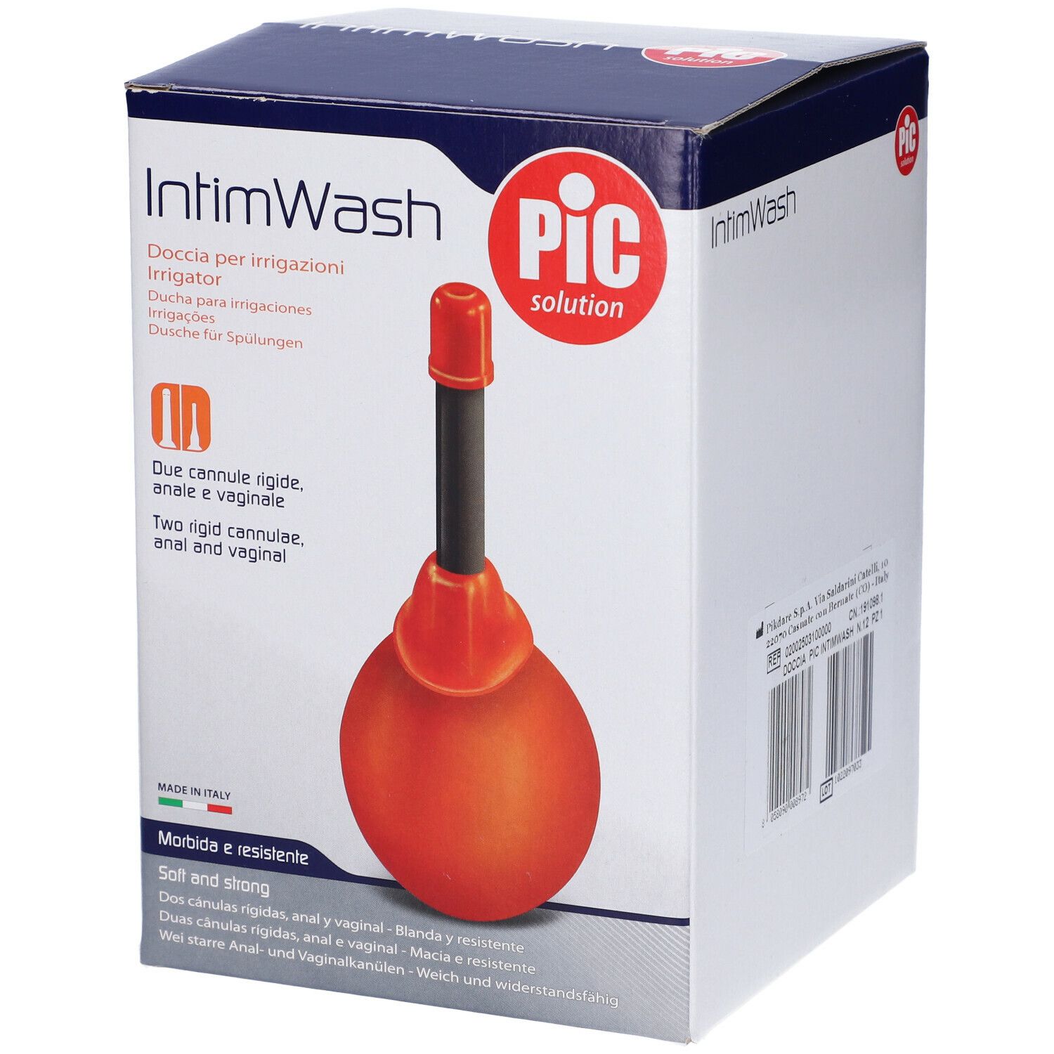 Confezione IntimWash con irrigatore. Sfera arancione, tubo nero, beccuccio rosso. Testo: IntimWash, PIC solution.