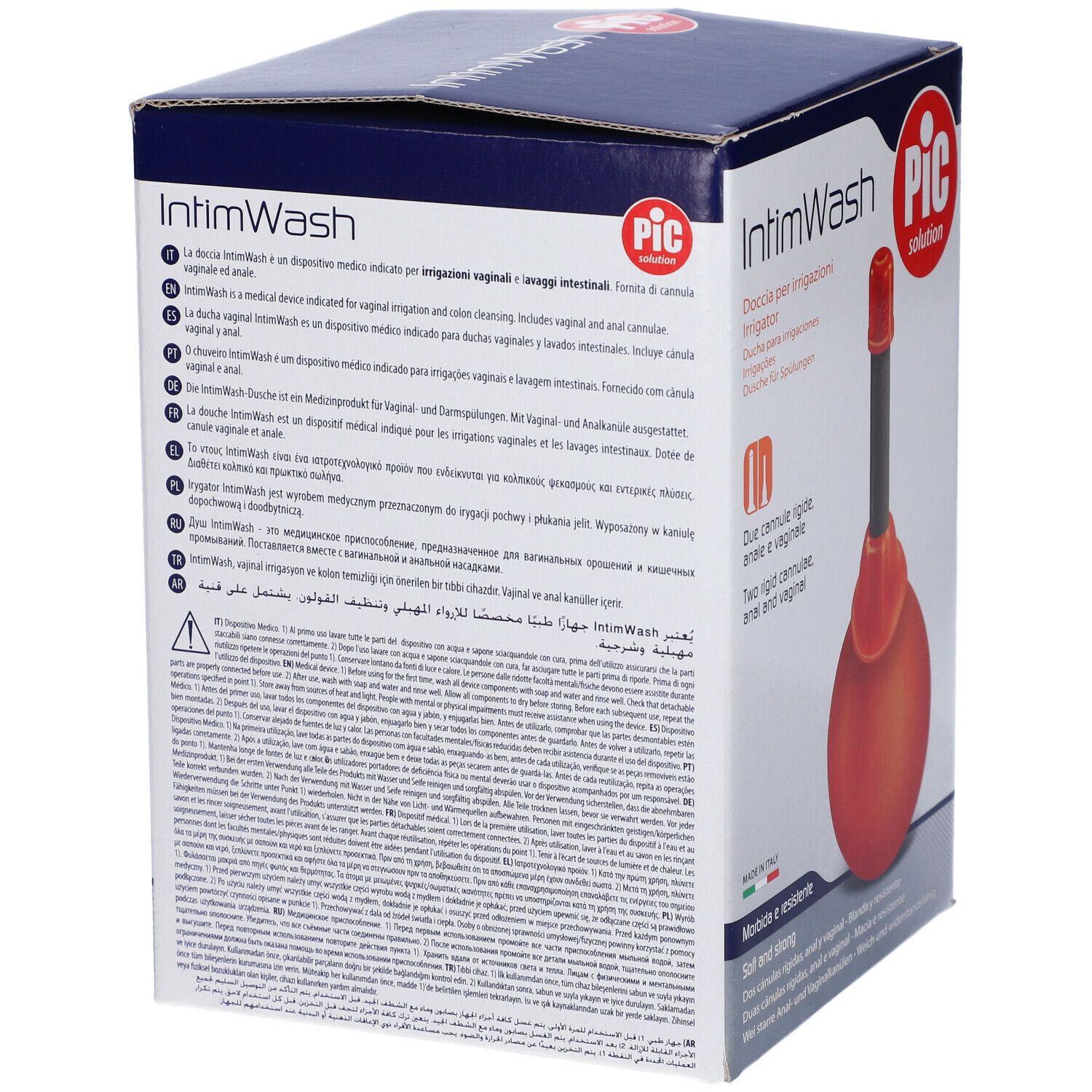 Confezione IntimWash con irrigatore. Sfera arancione, tubo nero, beccuccio rosso. Testo: IntimWash, PIC solution.