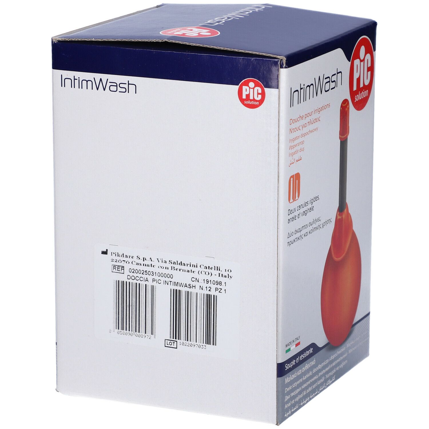 Confezione IntimWash con irrigatore. Sfera arancione, tubo nero, beccuccio rosso. Testo: IntimWash, PIC solution.
