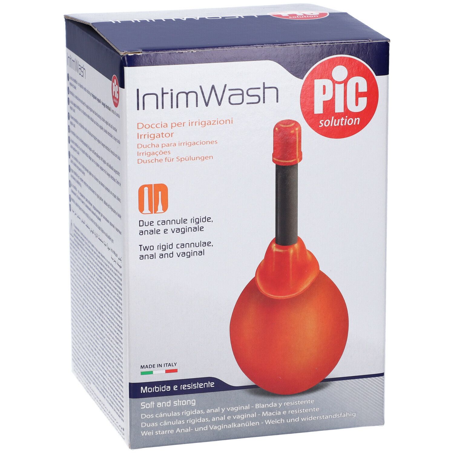 Confezione IntimWash con irrigatore. Sfera arancione, tubo nero, beccuccio rosso. Testo: IntimWash, PIC solution.