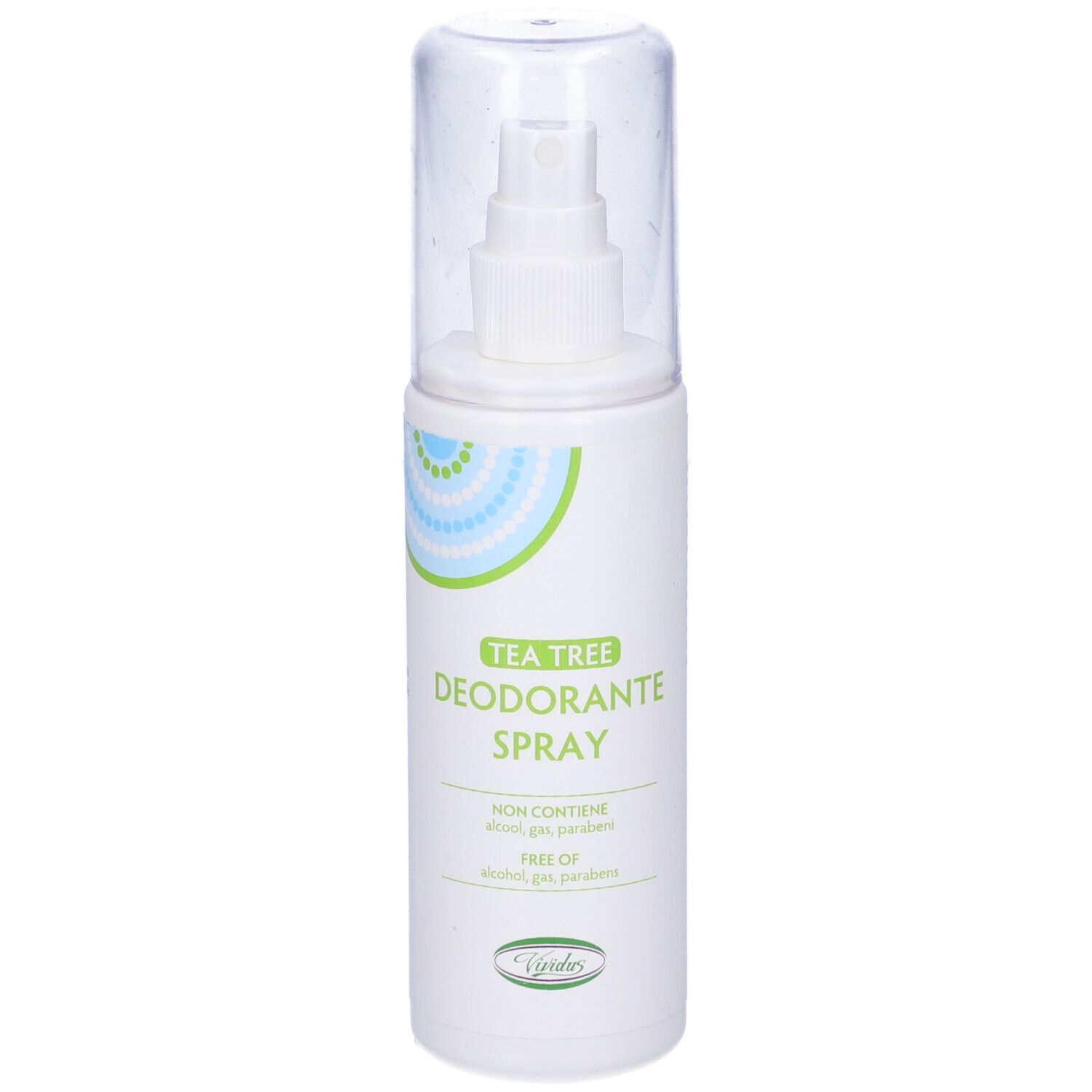 Spray deodorante bianco con coperchio trasparente. Elementi decorativi blu e verdi. Nome del prodotto in verde.