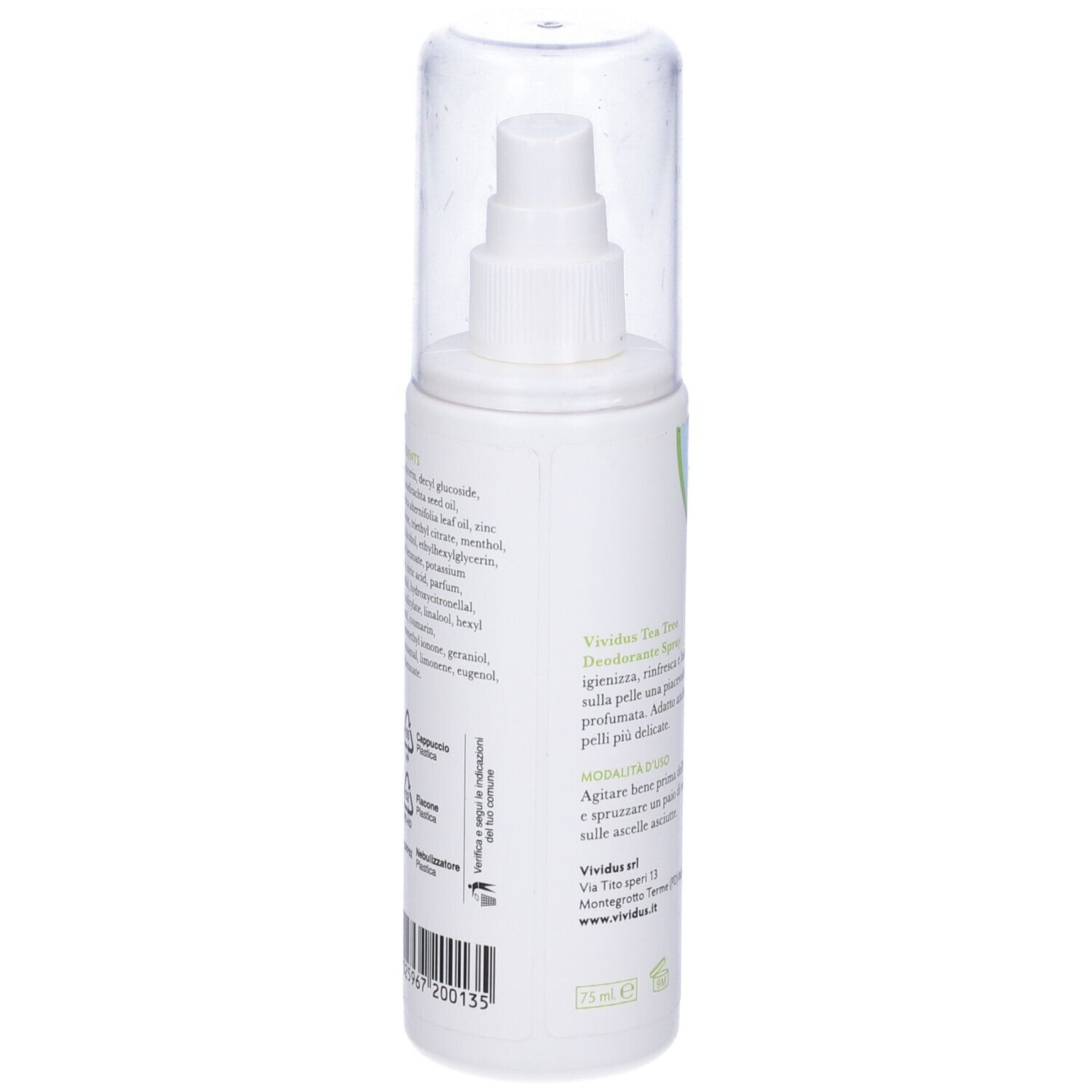Spray deodorante bianco con coperchio trasparente. Testo sul lato. Nome del prodotto e logo visibili.