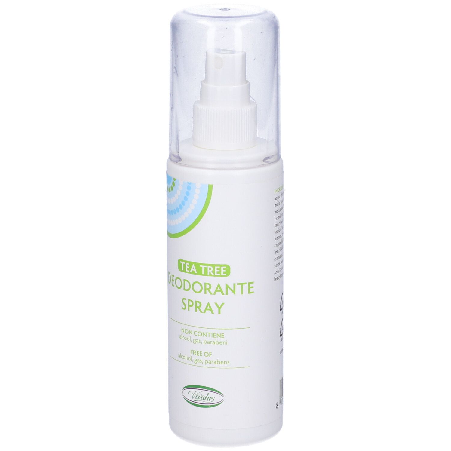 Spray deodorante bianco con coperchio trasparente. Elementi decorativi blu e verdi. Nome del prodotto in verde.
