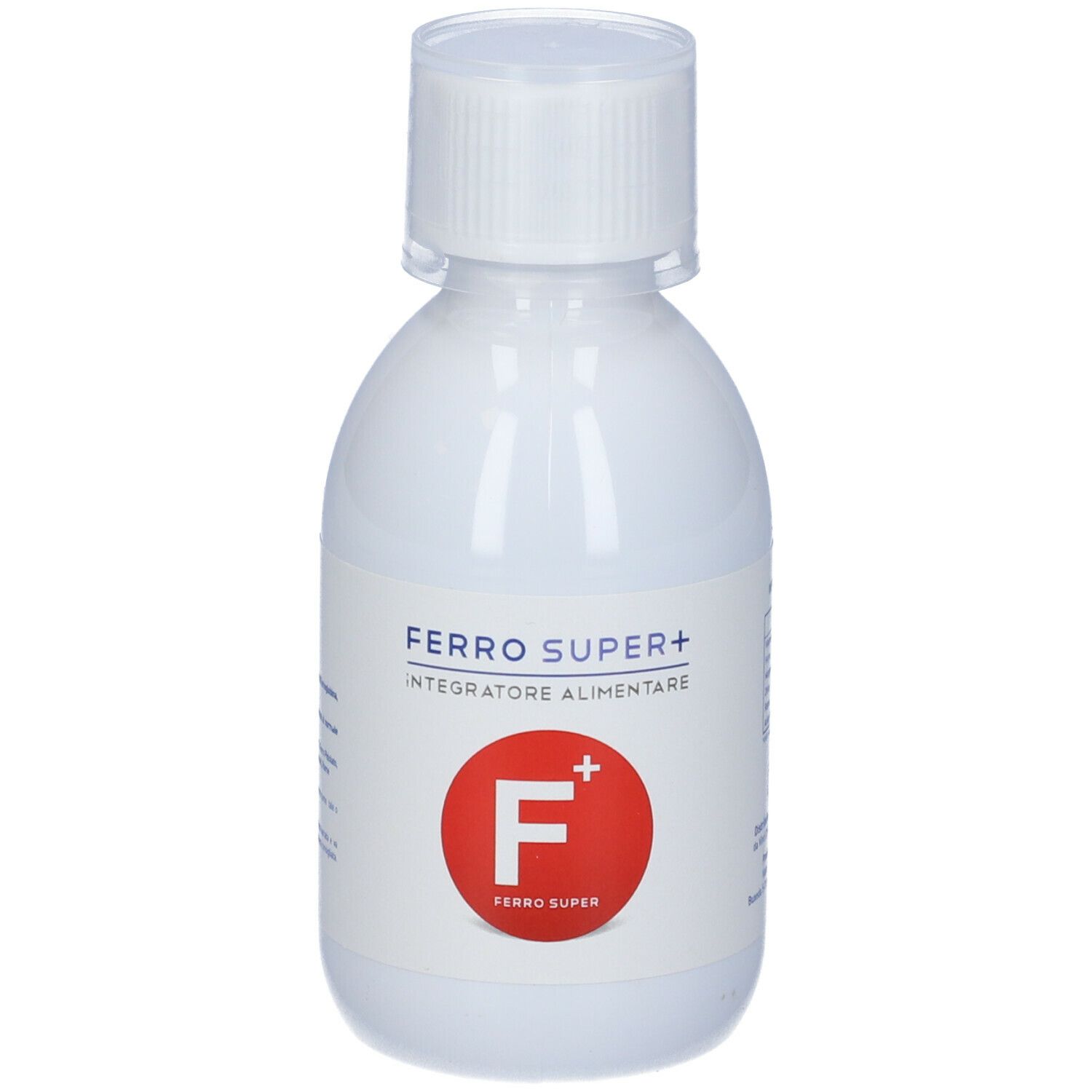 Flacone bianco con tappo bianco. Etichetta con 'Ferro Super+' e cerchio rosso con 'F+'. Integratore alimentare.