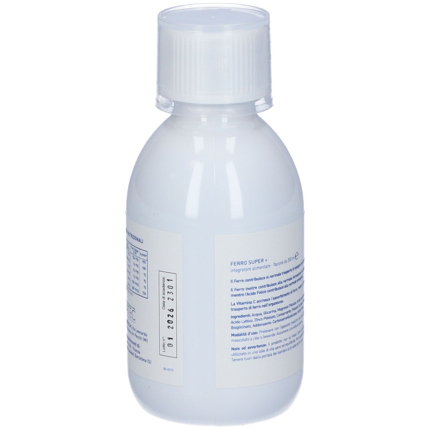 Flacone bianco con tappo bianco. Retro con testo. Integratore alimentare. Contiene ferro, vitamina C, zinco e acido folico.