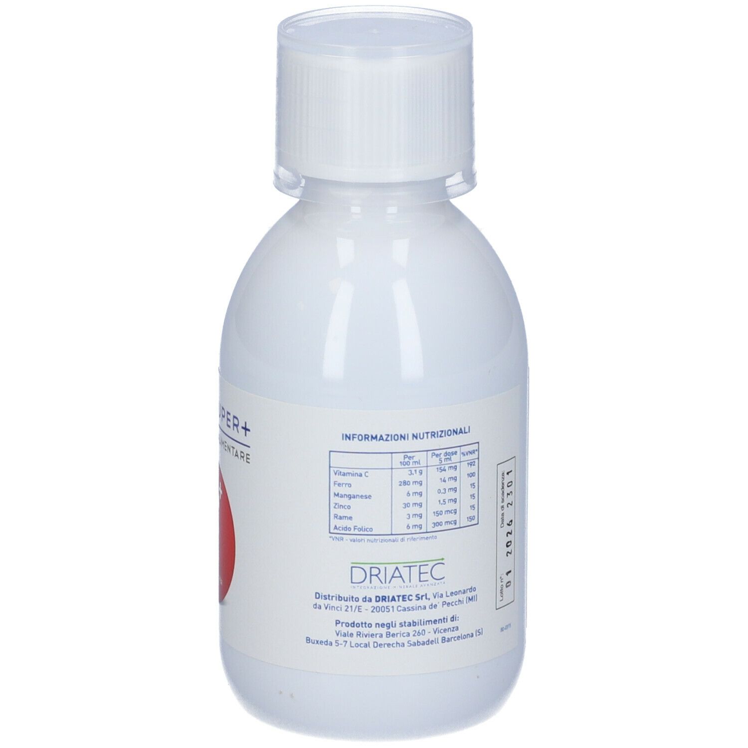 Flacone bianco con tappo bianco. Retro con testo. Integratore alimentare. Contiene ferro, vitamina C, zinco e acido folico.