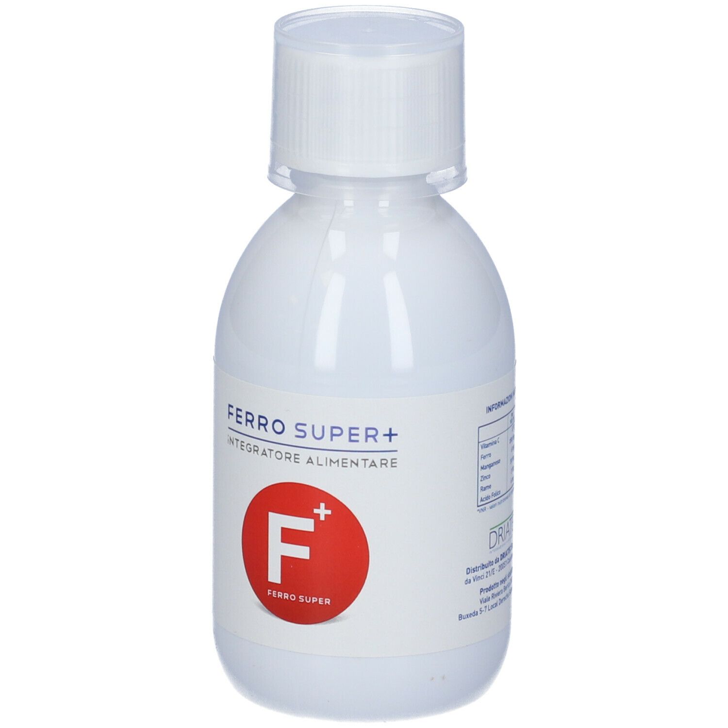 Flacone bianco con tappo bianco. Retro con testo. Integratore alimentare. Contiene ferro, vitamina C, zinco e acido folico.