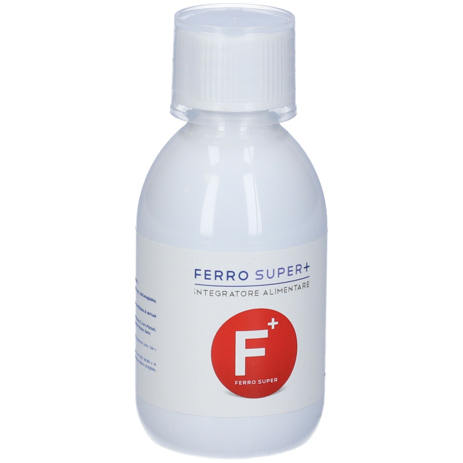 Flacone bianco con tappo bianco. Etichetta con 'Ferro Super+' e cerchio rosso con 'F+'. Integratore alimentare.