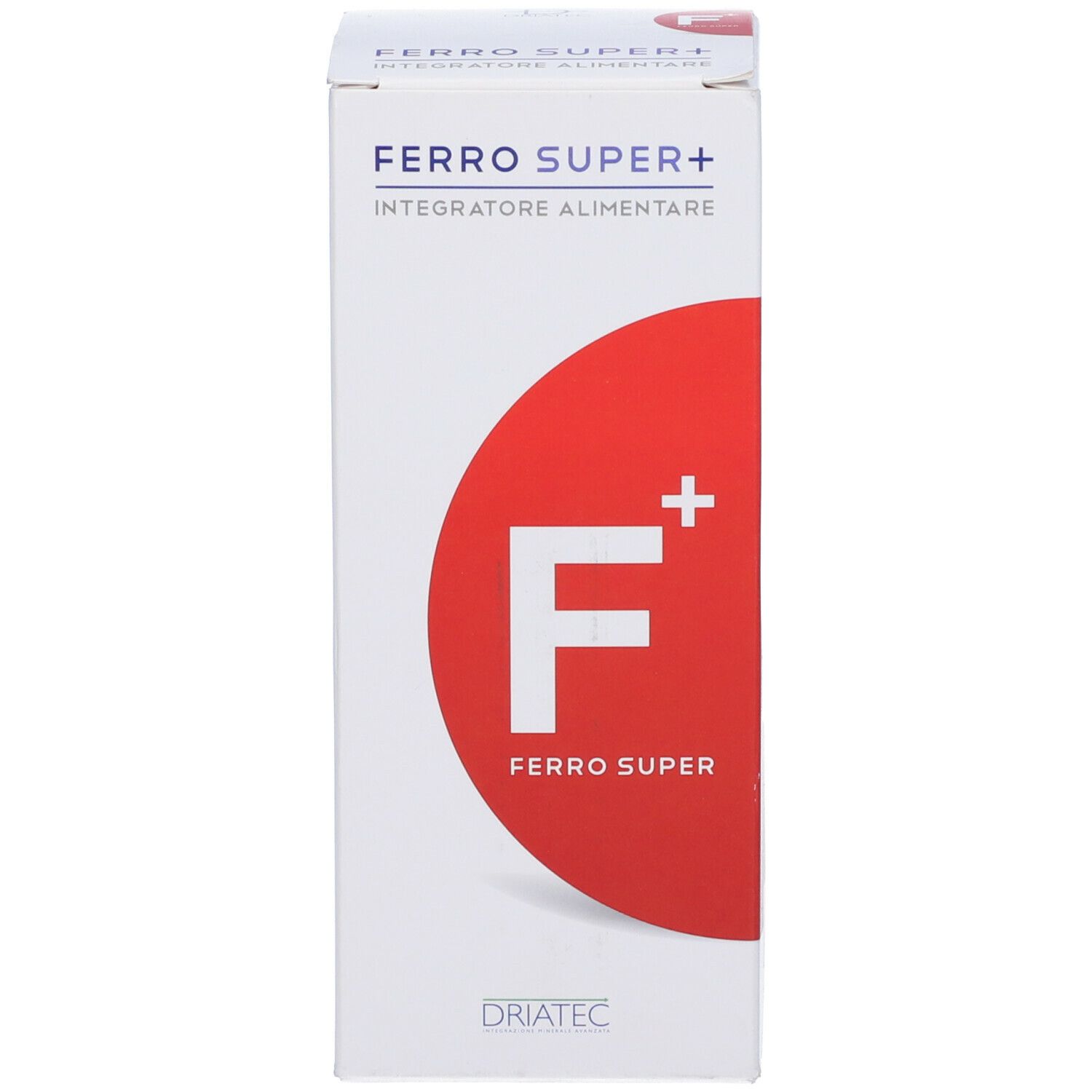 Confezione bianca con cerchio rosso e 'F+' bianco. Testo: Ferro Super+, Integratore Alimentare. Marchio Driatec.