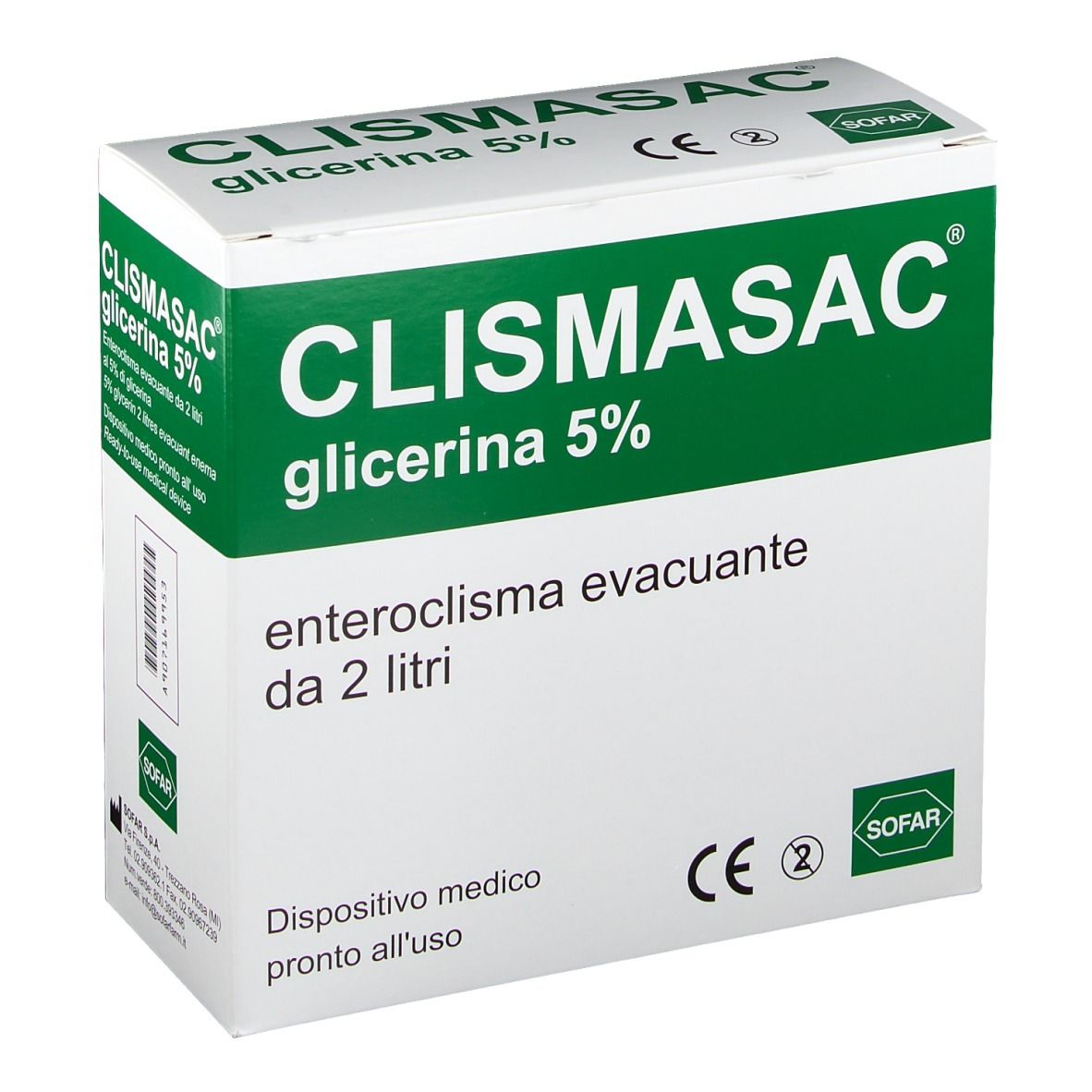 Scatola di CLISMASAC Glicerina 5%. Cartone bianco con testo verde. Contiene soluzione per enteroclisma.