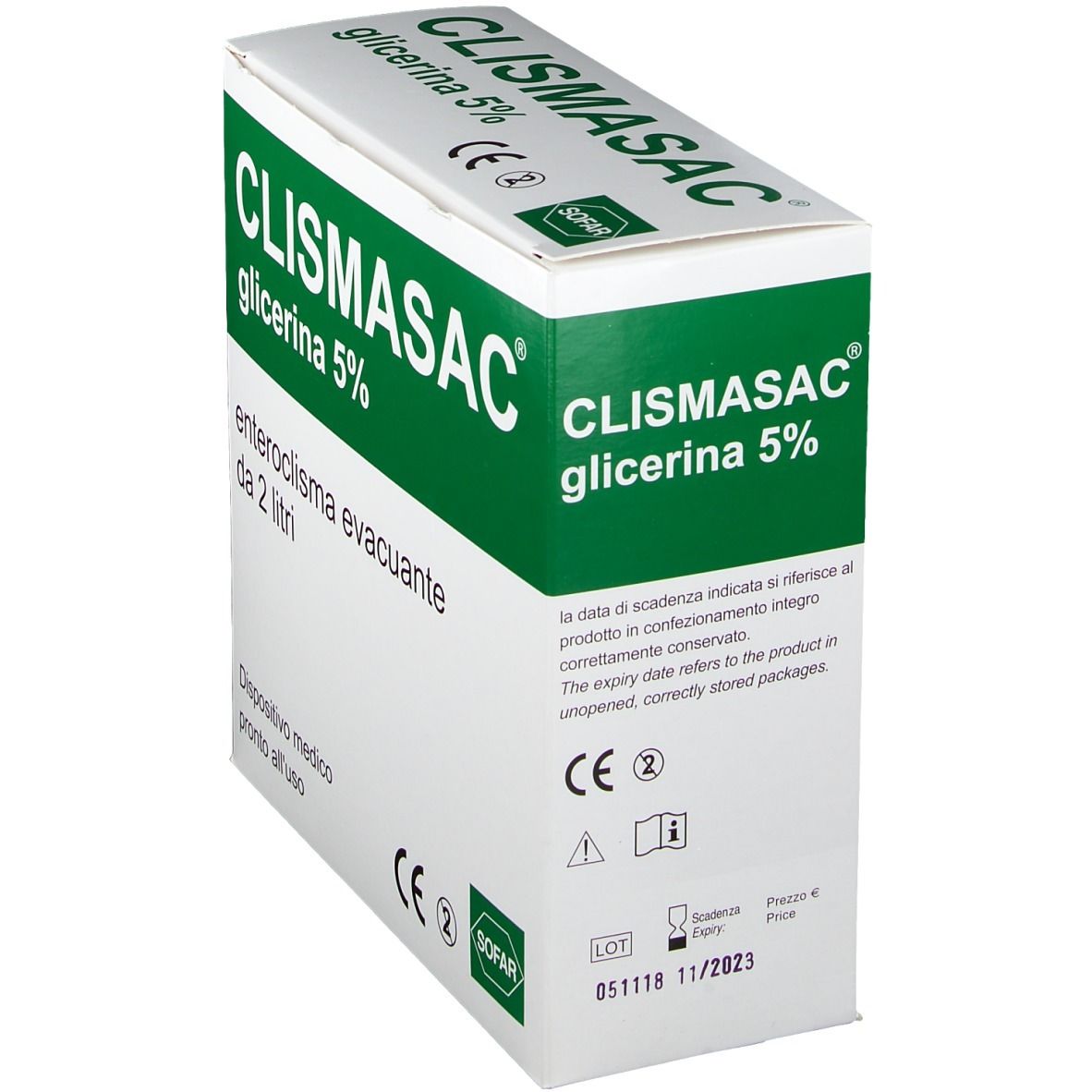 Scatola di CLISMASAC Glicerina 5%. Cartone bianco con testo verde. Contiene soluzione per enteroclisma.