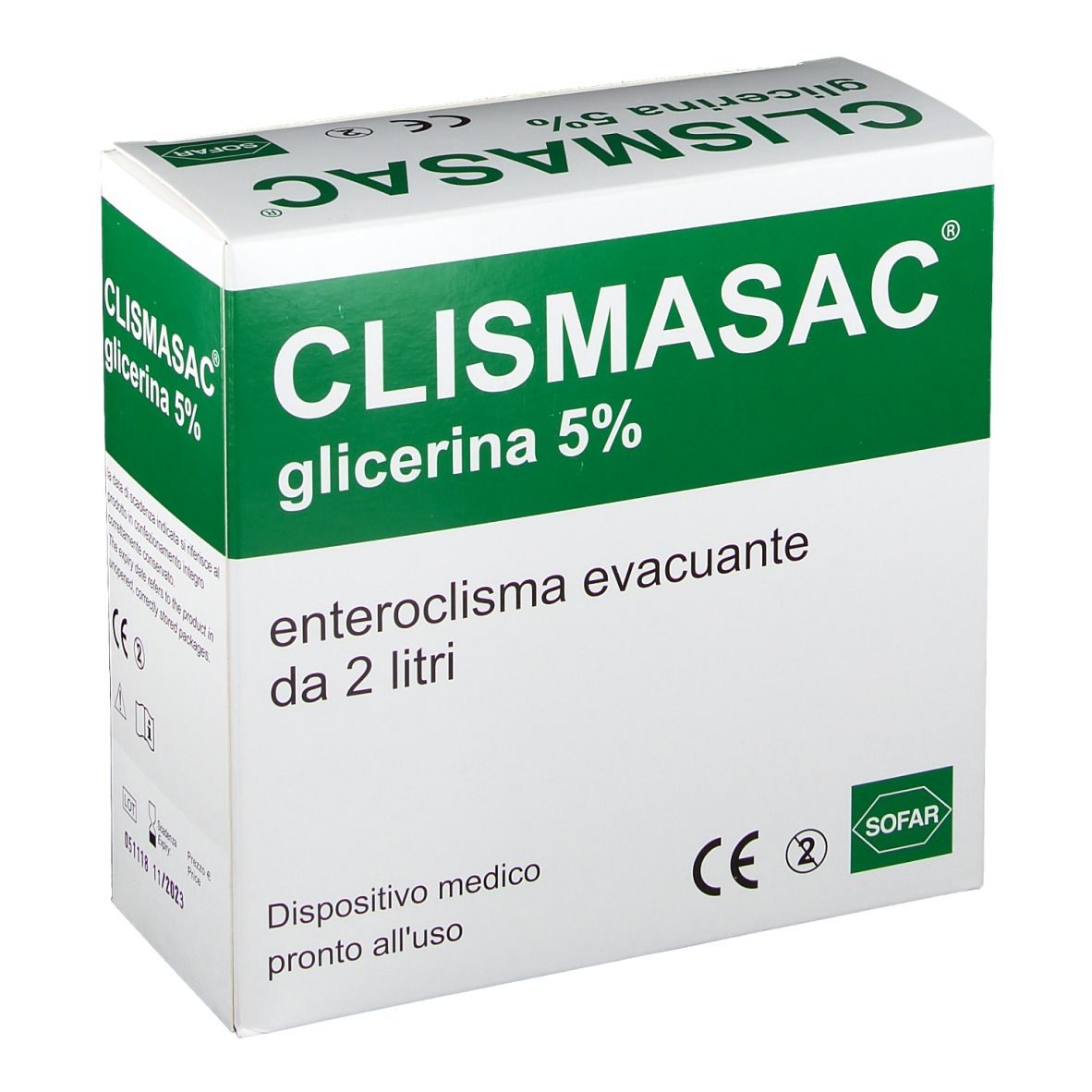 Scatola di CLISMASAC Glicerina 5%. Cartone bianco con testo verde. Contiene soluzione per enteroclisma.