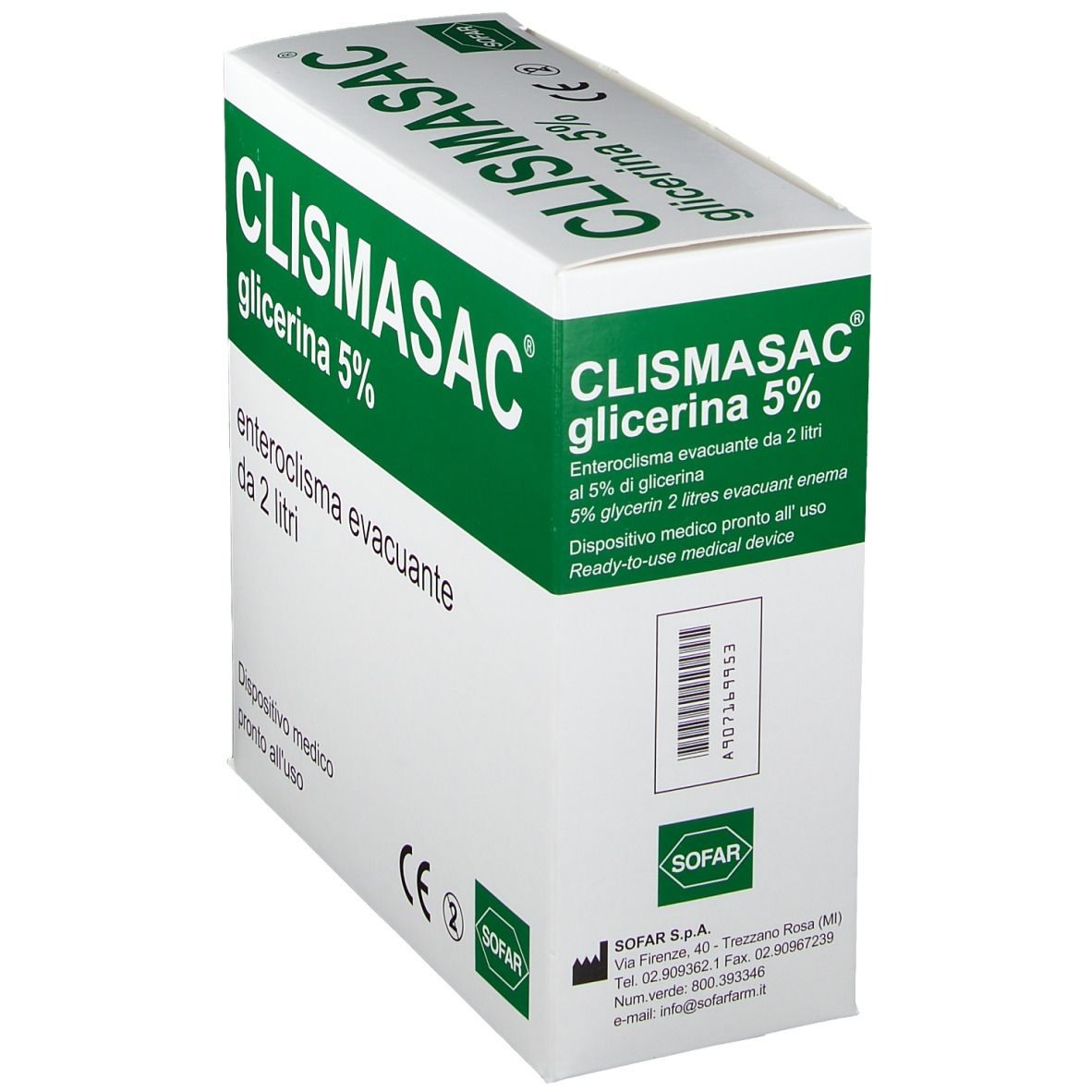Scatola di CLISMASAC Glicerina 5%. Cartone bianco con testo verde. Contiene soluzione per enteroclisma.