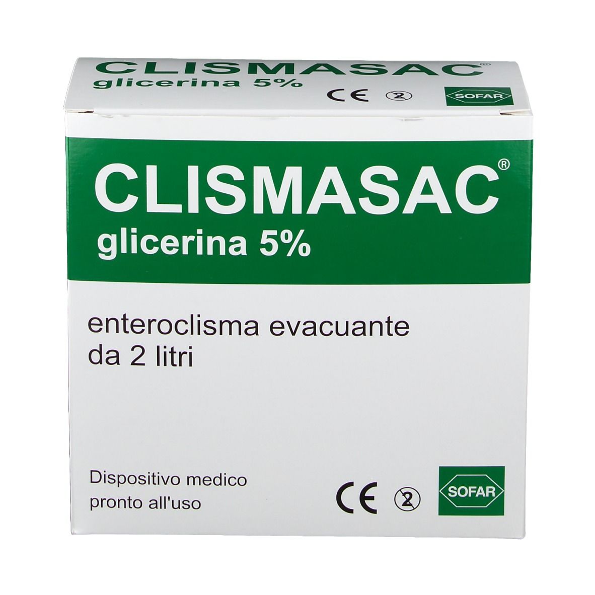 Scatola di CLISMASAC Glicerina 5%. Cartone bianco con testo verde. Contiene soluzione per enteroclisma.